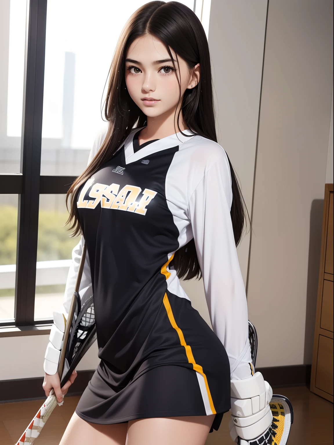 masuter piece, best qualtiy, ((Real Model Shots)), 8K picture quality, ((1 persons)), extremely delicate and beautiful, magnifica, Official art with attention to detail, (18 year old cute girl), (Petite and pretty girl), (japanese beauty girl), ((Perfect female figure)), large full breasts, Slim waist, big butts, ((full of sweat)), ((sodden)), Black hair, (((Lacrosse players))), Lacrosse Uniforms, (1 cross), Lacrosse Stadium, ssmile,