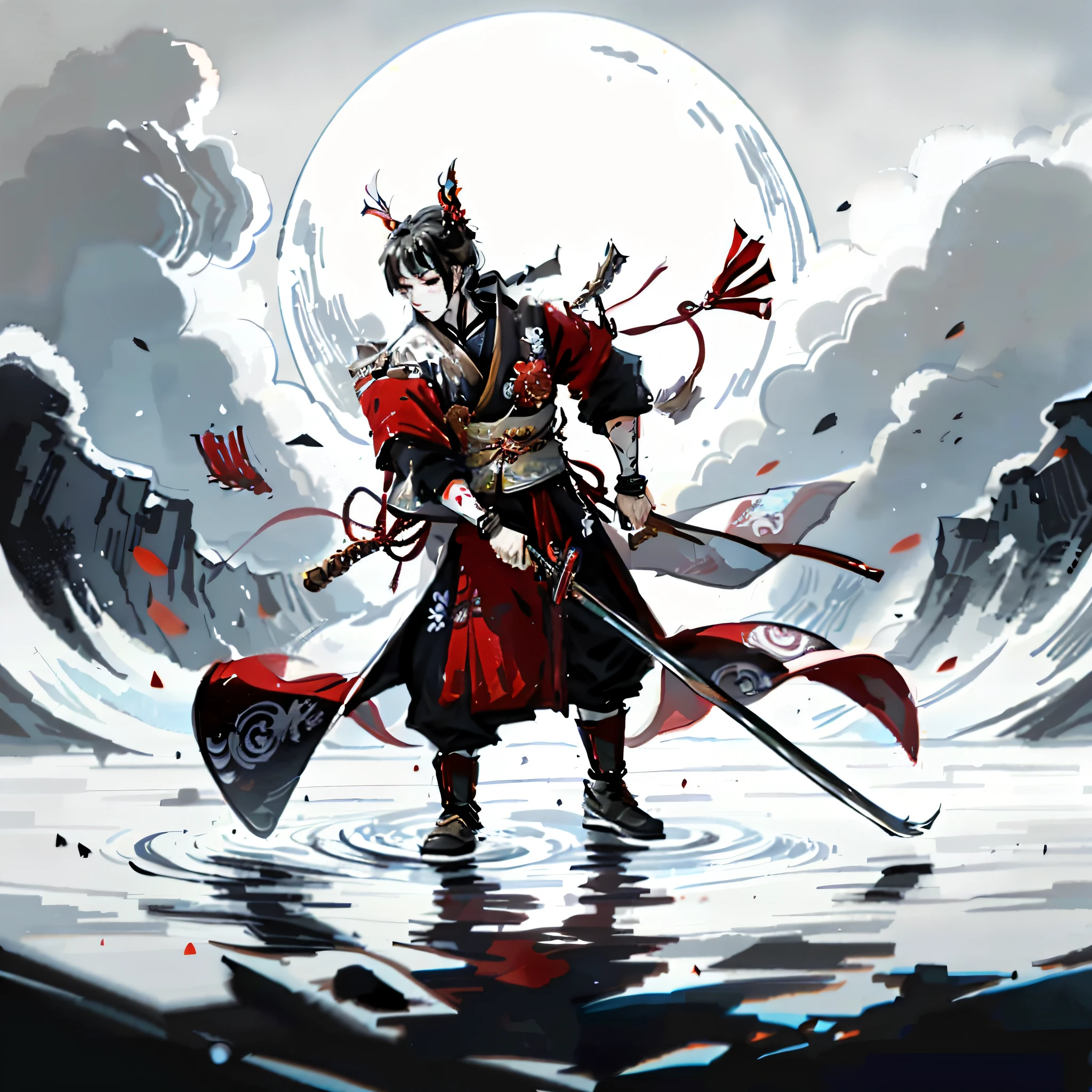 Samurai facing the front、Anime character with full moon and sword standing in water and red costume, onmyoji detailed art, Ninja with water wave sword, Onmyoji, samurai warrior, japanese warrior, epic samurai warrrior, portrait onmyoji, sengoku - era art style, badass anime 8 K, The waiter is a wanderer, Samurai, stunning digital illustration