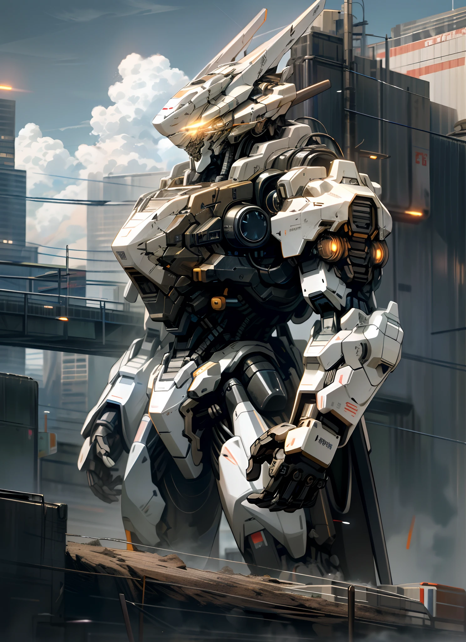 sky, cloud, holding_weapon, no_humans, glowing, , robot, building, glowing_eyes, mecha, science_fiction, city, realistic,mecha