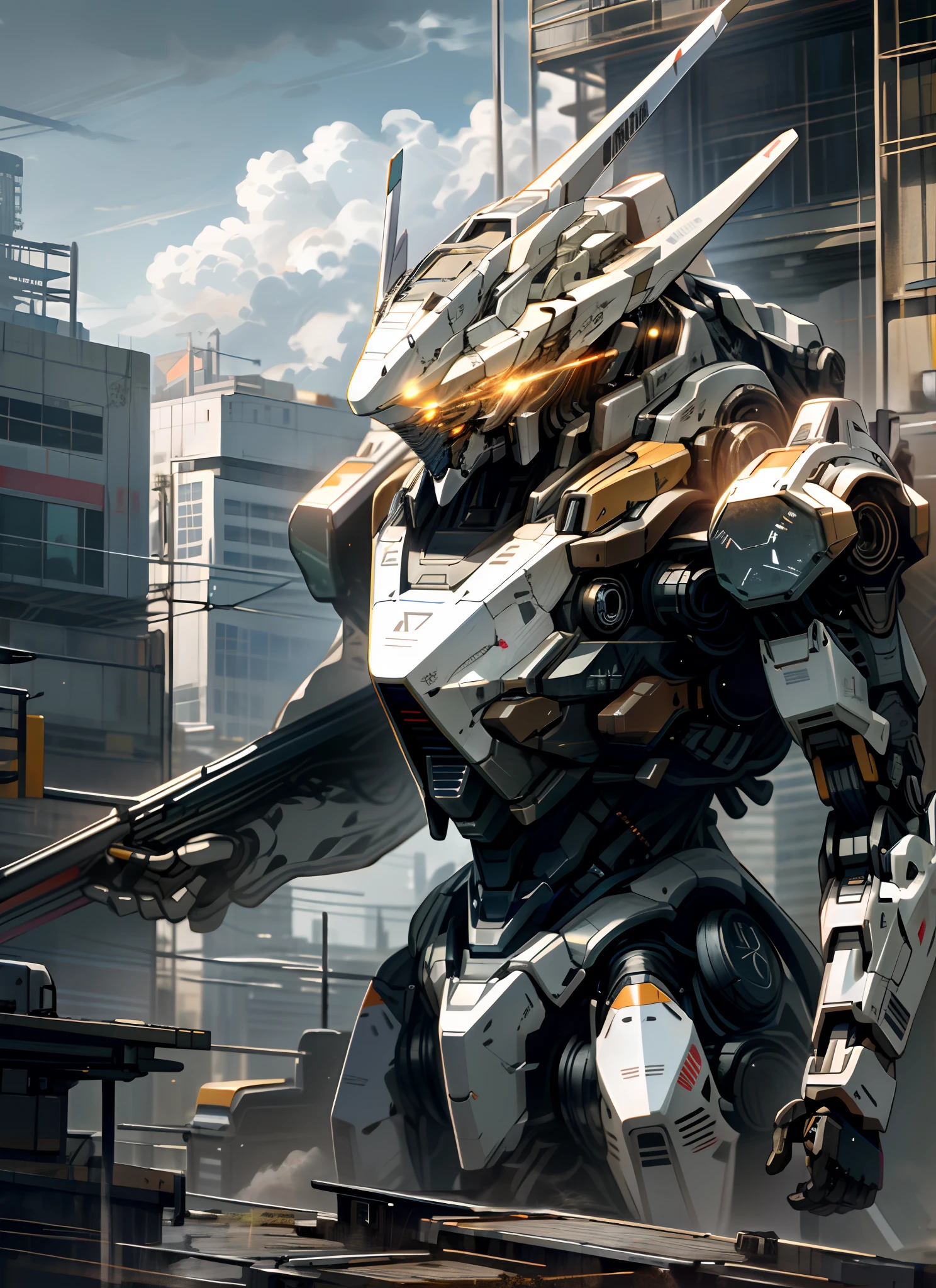 sky, cloud, holding_weapon, no_humans, glowing, , robot, building, glowing_eyes, mecha, science_fiction, city, realistic,mecha