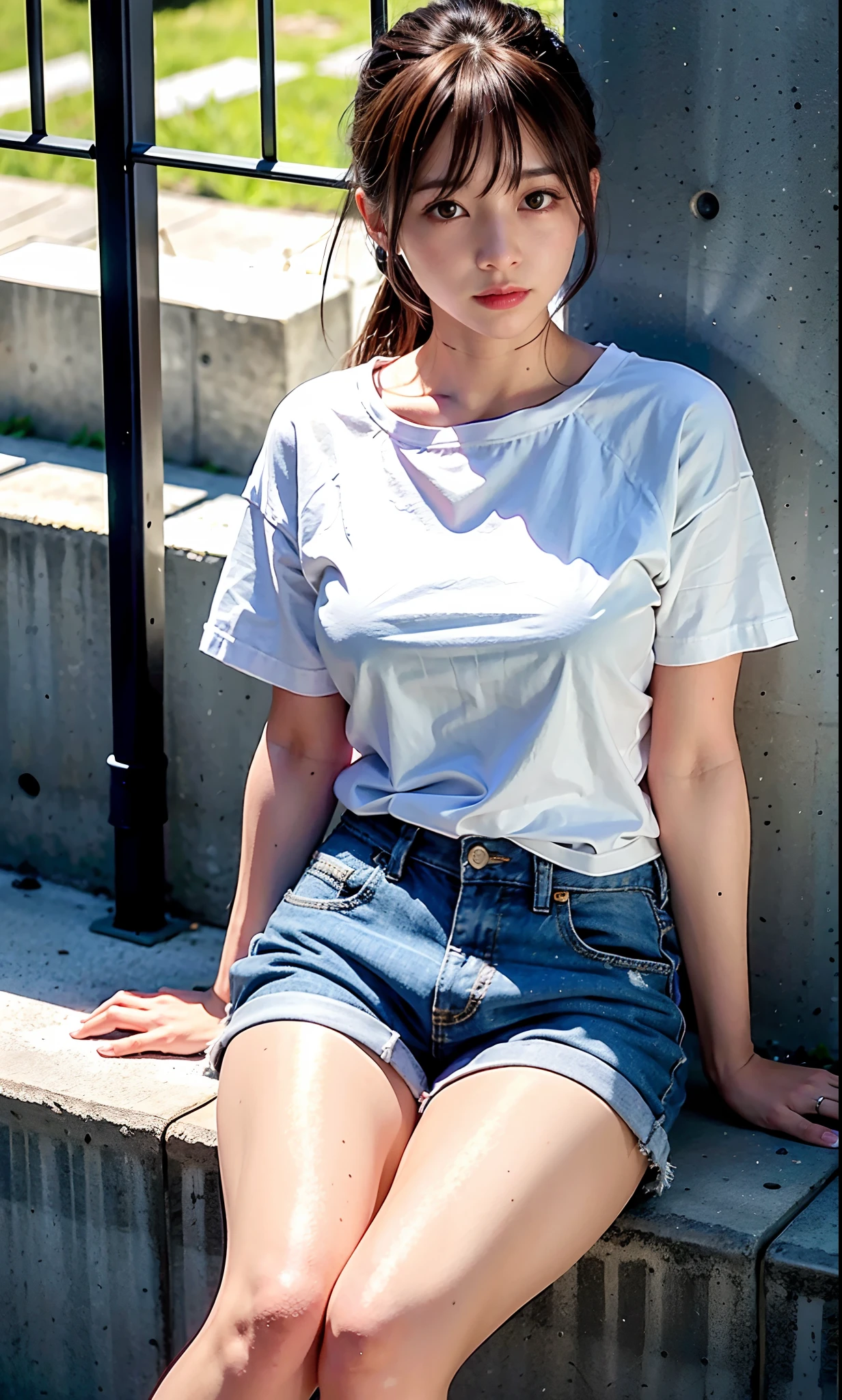 Woman in white t-shirt、 Raising legs、trending on r/Street attire, Narrative, T-shirt, small tits、In a white T-shirt, 2 0 2 0 fashion, casual clothing style, posh, Wearing a white T-shirt, Fear of God's Style, ふしだらな, shortpants、wearing t-shirts,
