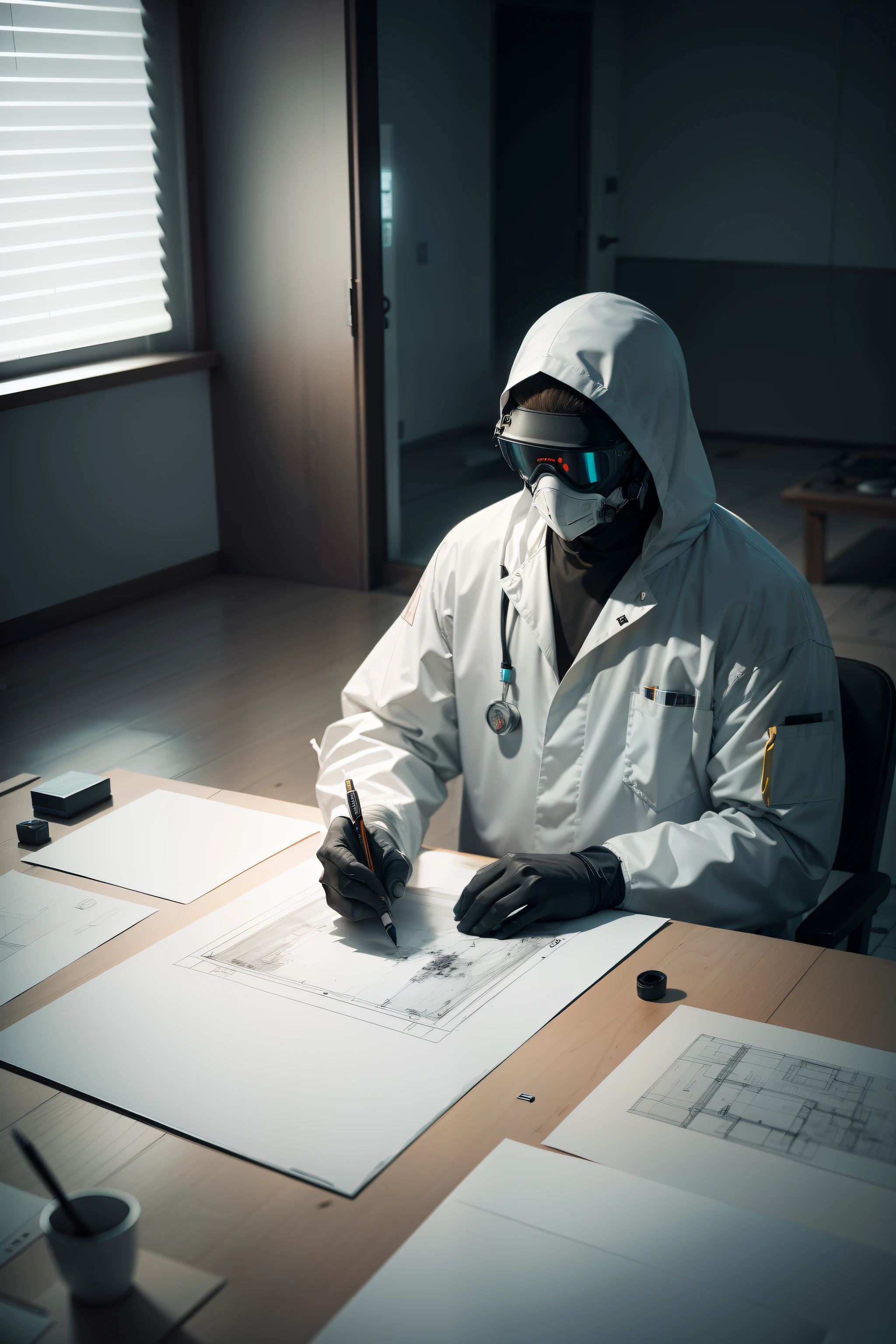A man in a white radiation protection suit is drawing，In the Zen room，The room was heavily contaminated with nuclear contamination，Shabby Zen room，A set of interior design drawings is being designed，Drawing with pen in hand，photorealestic，4K