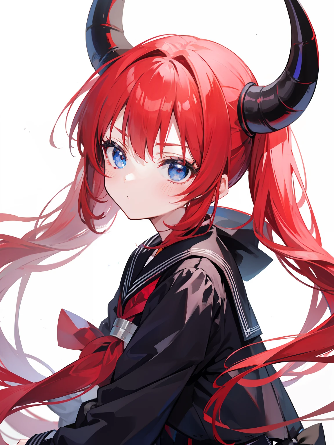 red hair, blue eyes, twintails, Sailor suit,black coat, Pleated skirt,solo,loli,cute,bow,Dragon horns