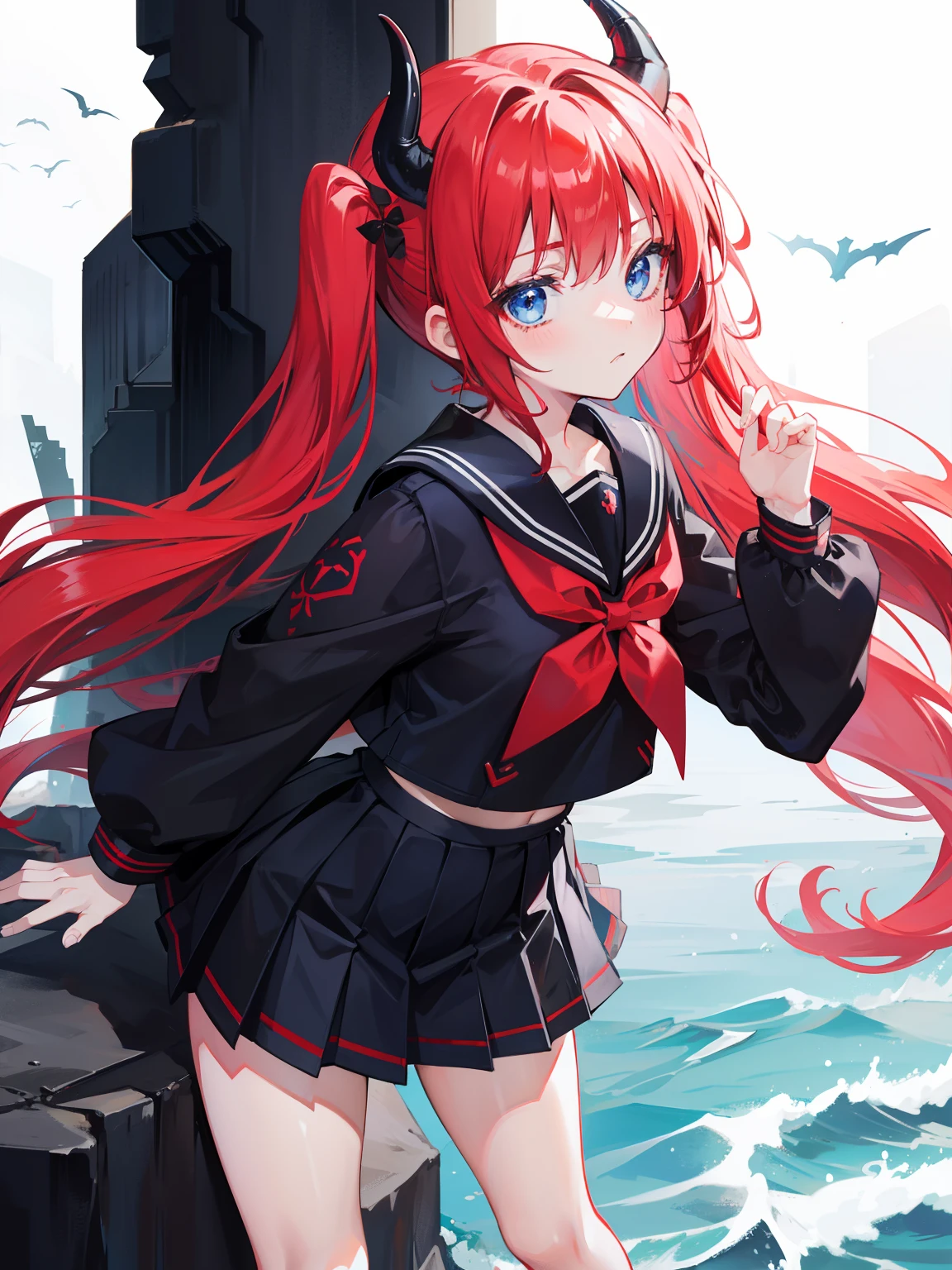 red hair, blue eyes, twintails, Sailor suit,black coat, Pleated skirt,solo,loli,cute,bow,Dragon horns