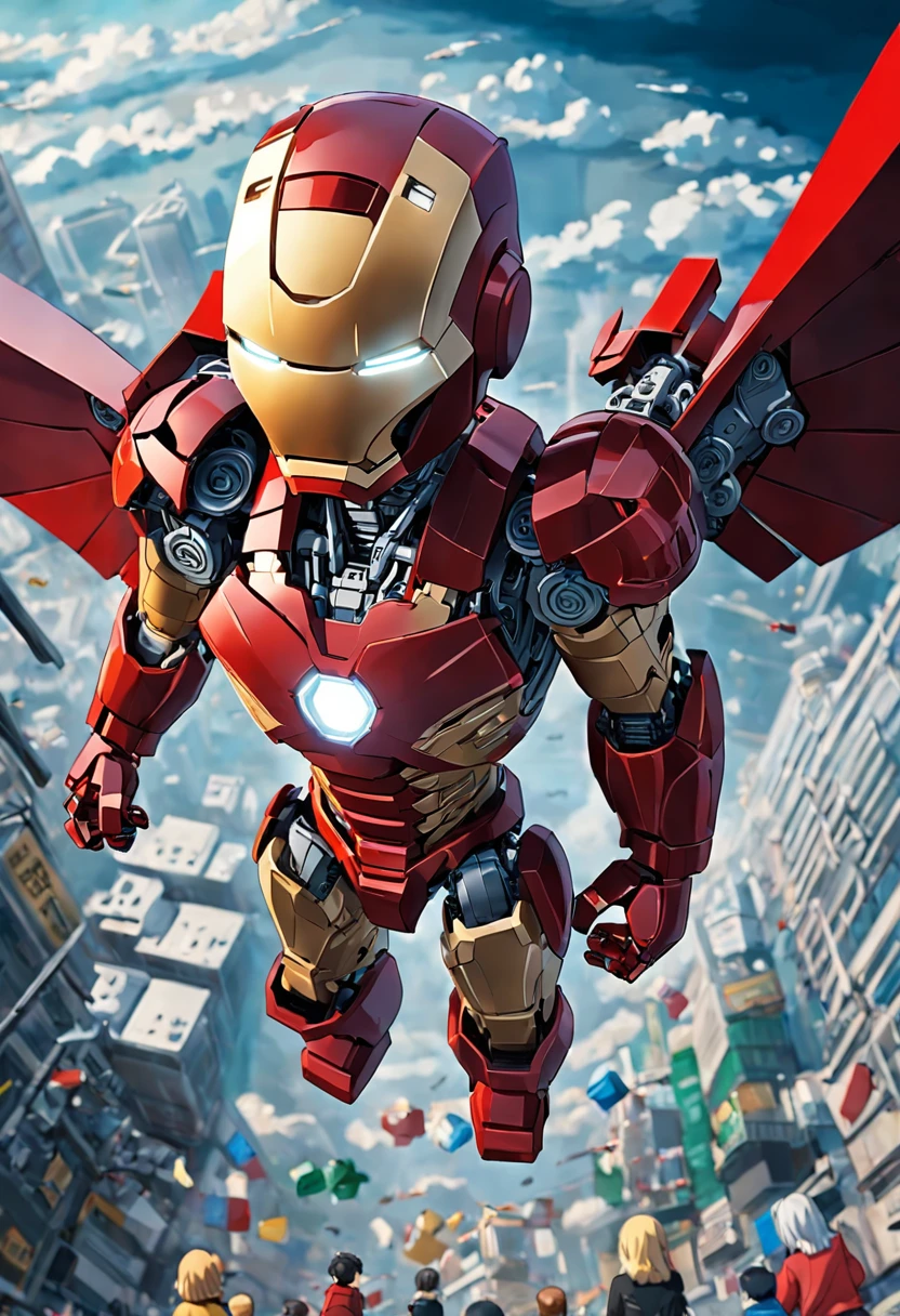 The masterpiece Lego Iron Man flying in the city sky, HD