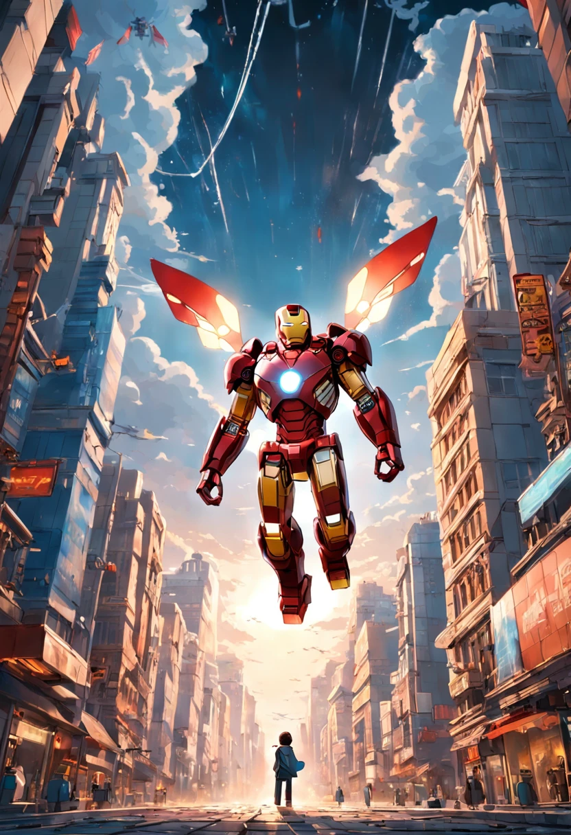 The masterpiece Lego Iron Man flying in the city sky, HD