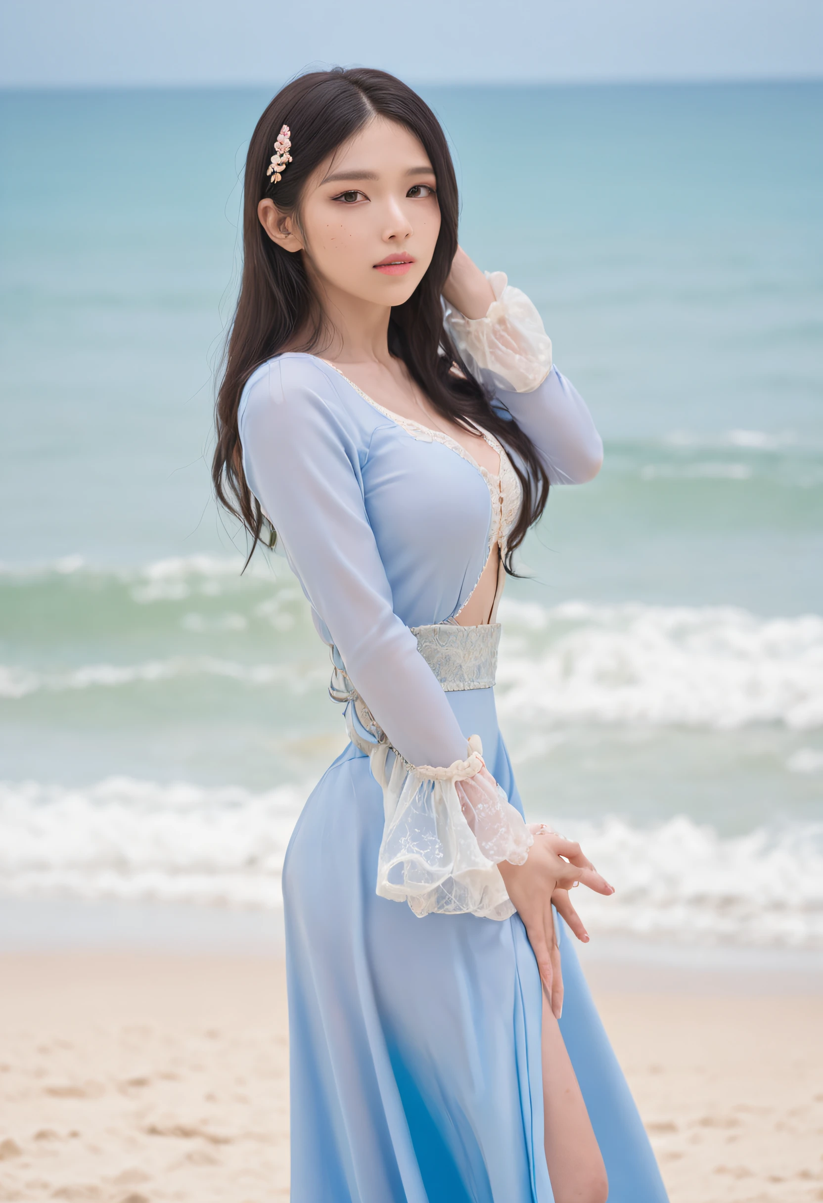 art by Cornflower, dreamy, (A beautiful, teenaged, anime-style girl with blue eyes and long, black hair, wearing a pale yellow, shiny, long-sleeved, open-chest, long skirt swimming suit with a pink, white, and yellow, heart on it is posing with her hands on her hips, in front of a beach and a bright, blue sky with clouds in it, there are palm trees in the background on both sides of the picture, and there are lots of blue and yellow fish swimming in the ocean, and there is a police helicopter with lights on it flying over the girl)