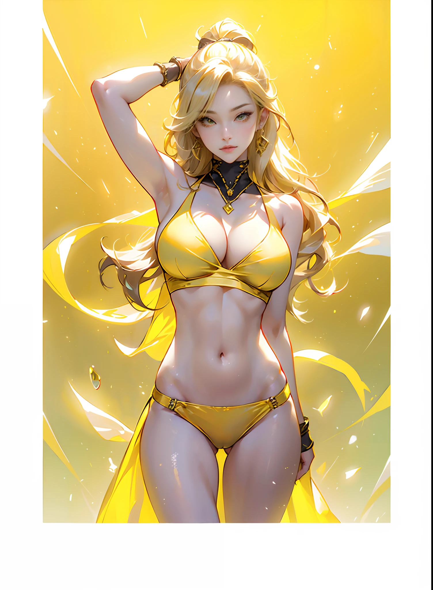 A 20-year-old girl, Tsunade, anime big breast,Realistic, Ultra HD, standing, Hands on the chest ,Beautiful anime pose, female anime character, Anime girl, full-cosplay, professional cosplay,  huge tit，Very good，Sexy :8, yelow, Sexy girl, Yellow, Light yellow, bralette, beautiful yellow woman, (((Yellow))), (38 years old), glossy yellow, elegant yellow skin, yellow hue, kano), wearing a yellow thong, Attractive body, Femme，Yellow tong，Sexy thongs