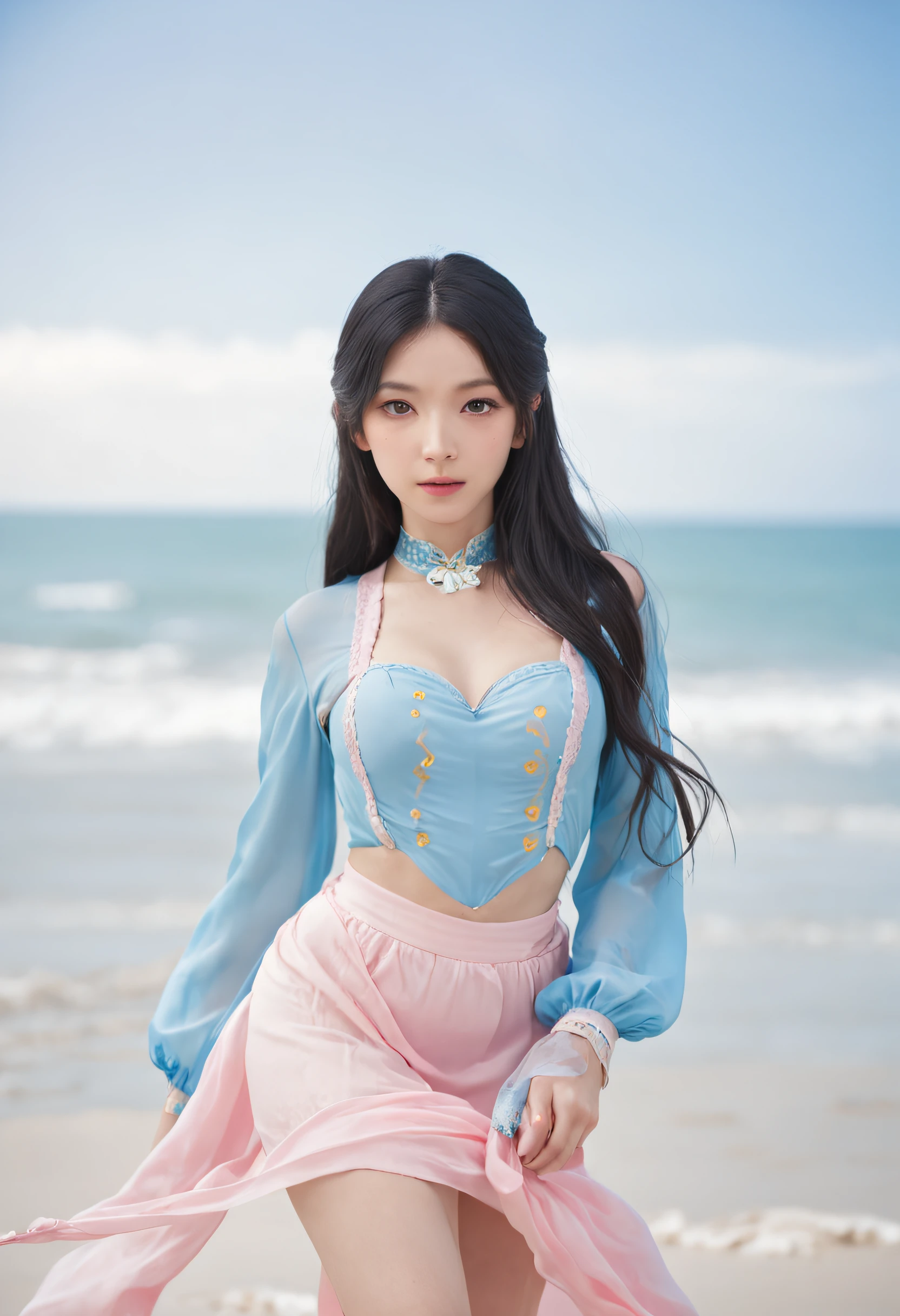 art by Cornflower, dreamy, (A beautiful, aged, anime-style girl with blue eyes and long, black hair, wearing a pale yellow, shiny, long-sleeved, open-chest, long skirt swimming suit with a pink, white, and yellow, heart on it is posing with her hands on her hips, in front of a beach and a bright, blue sky with clouds in it, there are palm trees in the background on both sides of the picture, and there are lots of blue and yellow fish swimming in the ocean, and there is a police helicopter with lights on it flying over the girl)