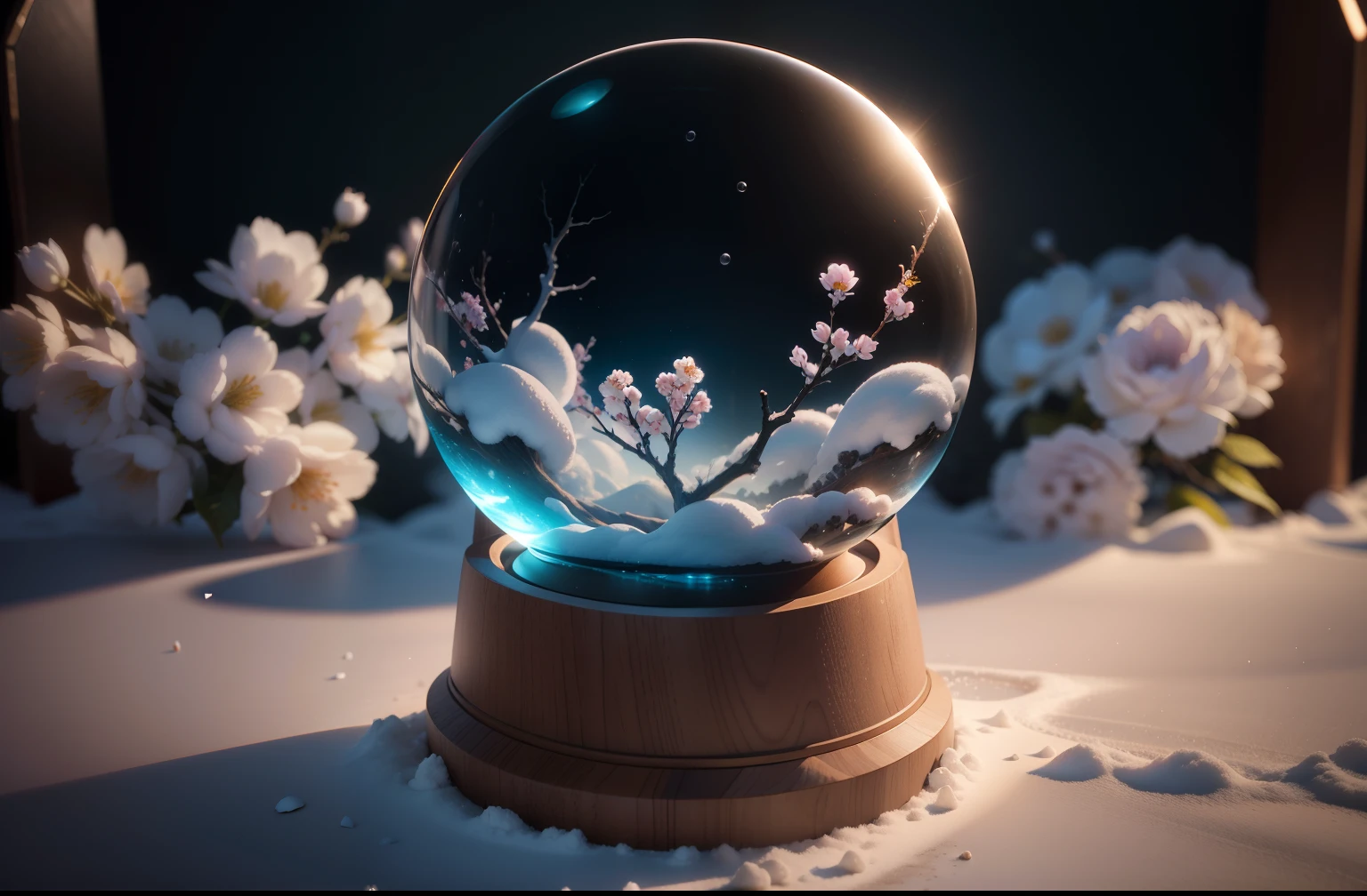 Dreamy circular snow globe cherry blossoms, Fluffy, Realistic, Photo, canon, Dreams, Art Book, Multicolored leaves and branches with flowers on the head,. Ultra-detailed photorealism by Gregg Lutkowski - H 1024 W 804 | f1 6 lens mark 2:2S 3555mm Film Grain :1 Realistic high resolution sharp focus contrast!! complex detail atmosphere light refraction lighting unreal engine 5 movie concept photography masterpiece octane rendering trend cgs society rendering