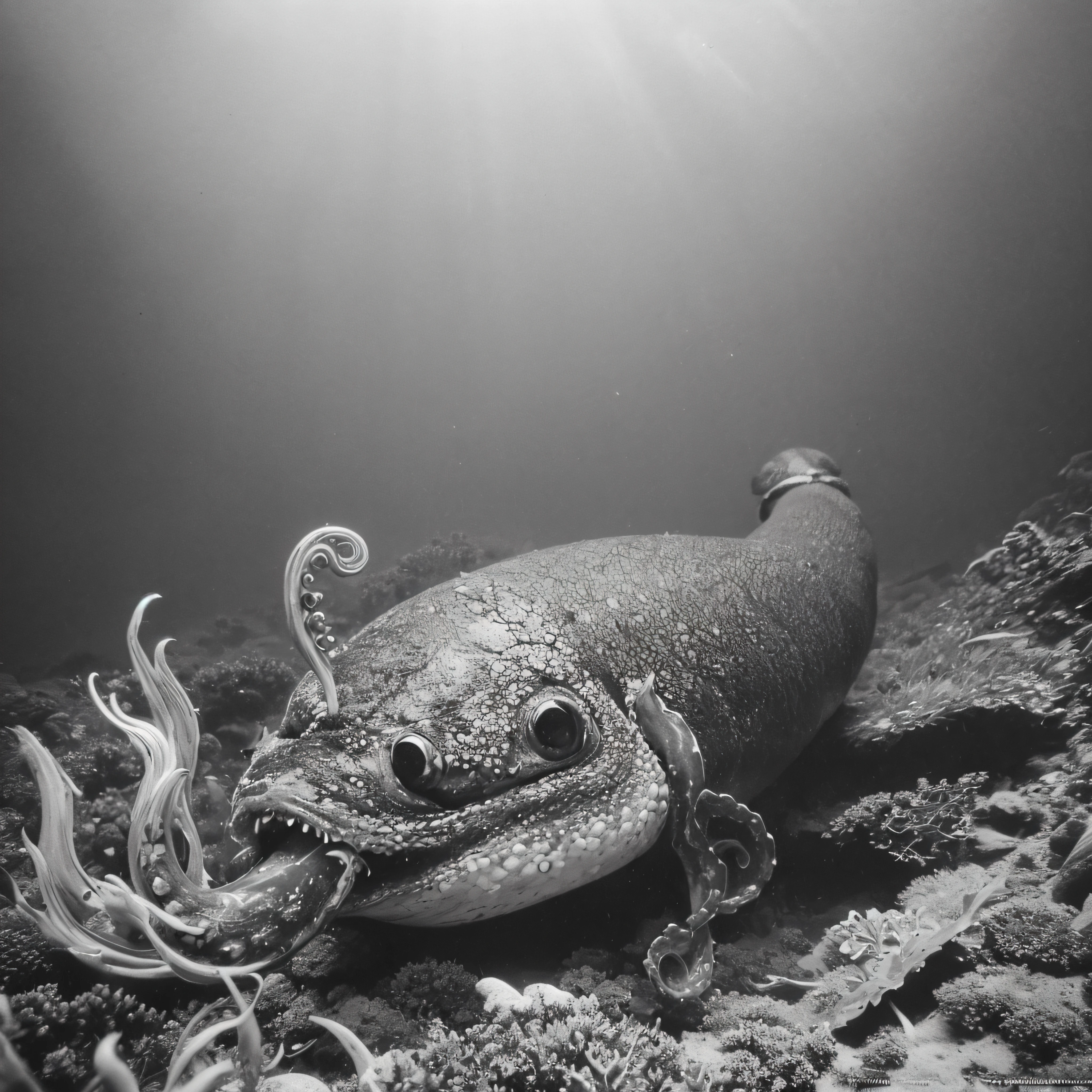 (extremadamente detallado, obra maestra, La mejor calidad, Under the Ocean), Estilo oscuro, volumetric illumination. armadura medieval, rostro con arrugas, lengua larga, tentacle, deforme, imagen submarina vista desde el exterior, pico de pulpo amenazante. manchas de tinta. Rococo composition. Luz de caravaggio