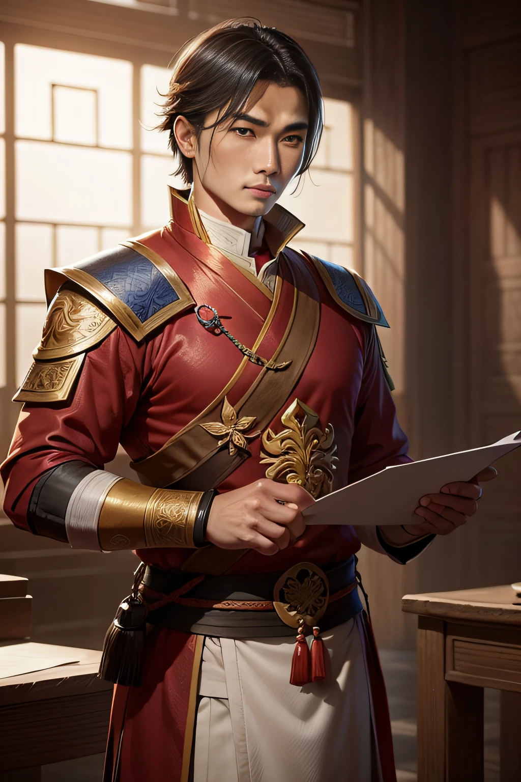A male Wu Guoshu official，Looking at a scroll of official documents in his hand，Slightly younger，30 age old