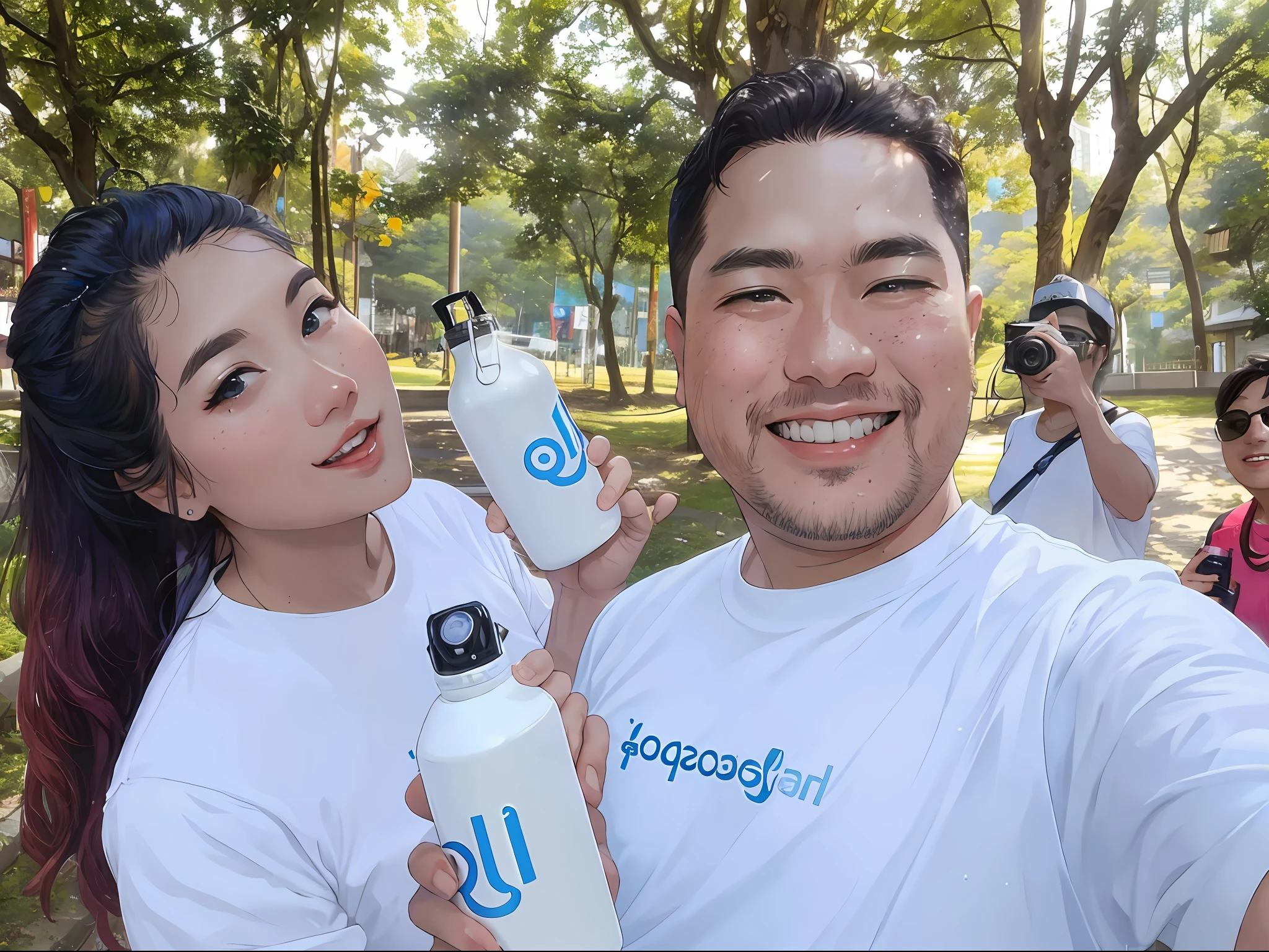 they are taking a selfie with a water bottle and a camera, with godray, having a time of our un-life, fanart, happy!!!, backdrop, photo 85mm, uwu, holding khopesh, with wart, captured on iphone, 2 people, wallpaper!, blue! and white colors, photoshoot, watermarked, bringing people together, promotional