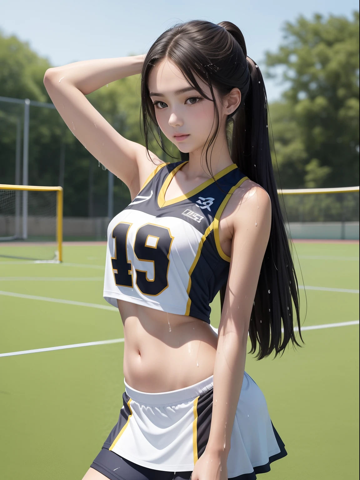 masuter piece, best qualtiy, ((Real Model Shots)), 8K picture quality, ((1 persons)), extremely delicate and beautiful, magnifica, Official art with attention to detail, (Pretty girl), (petite beautiful girl), (japanese beauty girl), ((Perfect female figure)), large full breasts, Slim waist, big butts, ((full of sweat)), ((sodden)), Black hair, (((Lacrosse players))), Lacrosse Uniforms, (1 cross), Lacrosse Stadium, ssmile,