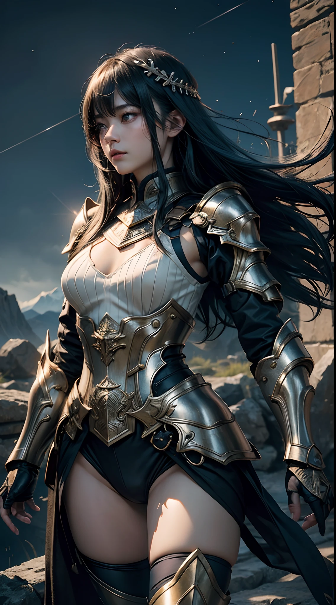 1girl, depth of field, official art, unity 8k wallpaper, ultra detailed, illustration, beautiful and aesthetic, masterpiece, best quality, knight, (big breasts), (milf, mature female), (black armor, armor, breastplate), beautiful face, (long hair, black hair,  very straight hair:1.4, hime cut:1.4), blue eyes, cowboy shot, glowing skin, back lighting, athletic figure, muscular female, curvy, wide hips, colorful, looking at viewer, Hyperrealistic, gradient background, dark background, outline, fantasy, from the front, watercolor, traditional media, (chromatic aberration, intricate details)