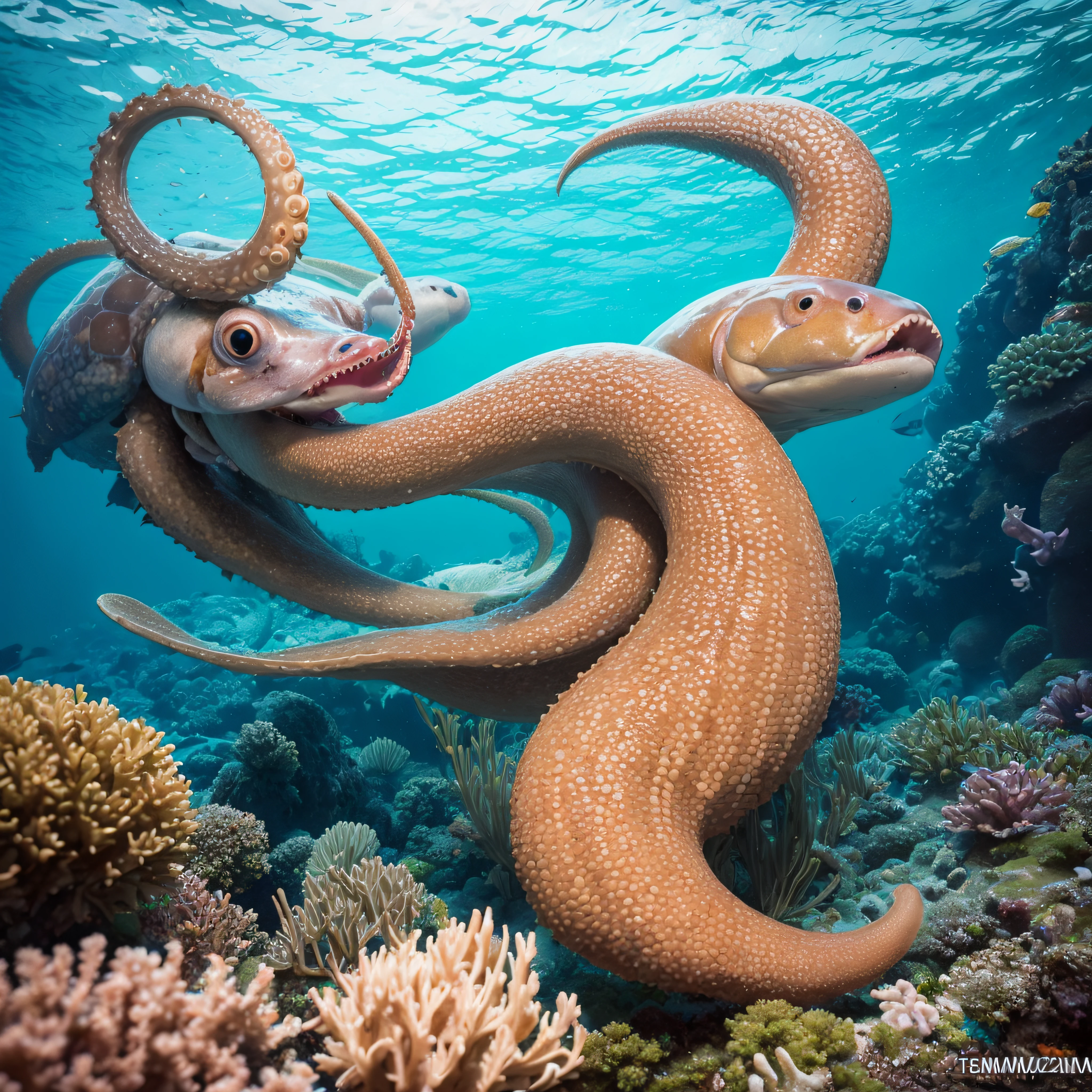 (extremadamente detallado, obra maestra, La mejor calidad, Under the Ocean), Estilo oscuro, volumetric illumination. armadura medieval, rostro con arrugas, lengua larga, tentacle, deforme, imagen submarina vista desde el exterior, pico de pulpo amenazante. manchas de tinta. Rococo composition. Luz de caravaggio