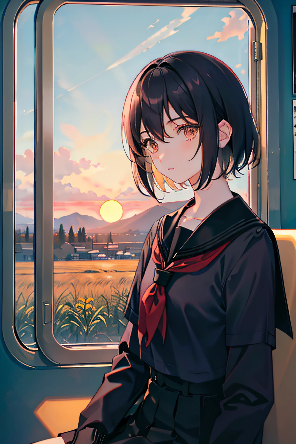On the train,The upper part of the body,short detailed hair,girls,Black hair,Look out the window at the field,The upper part of the body,the setting sun,