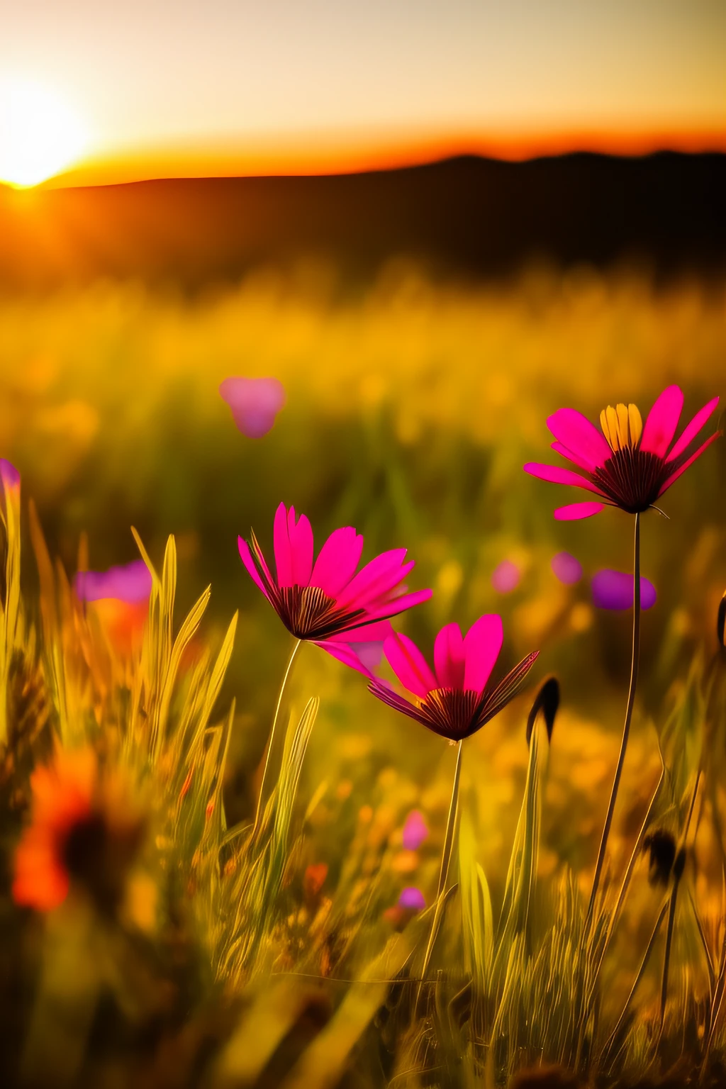 Create images of serene grass,Colorful wildflowers and brilliant sunsets in the background.