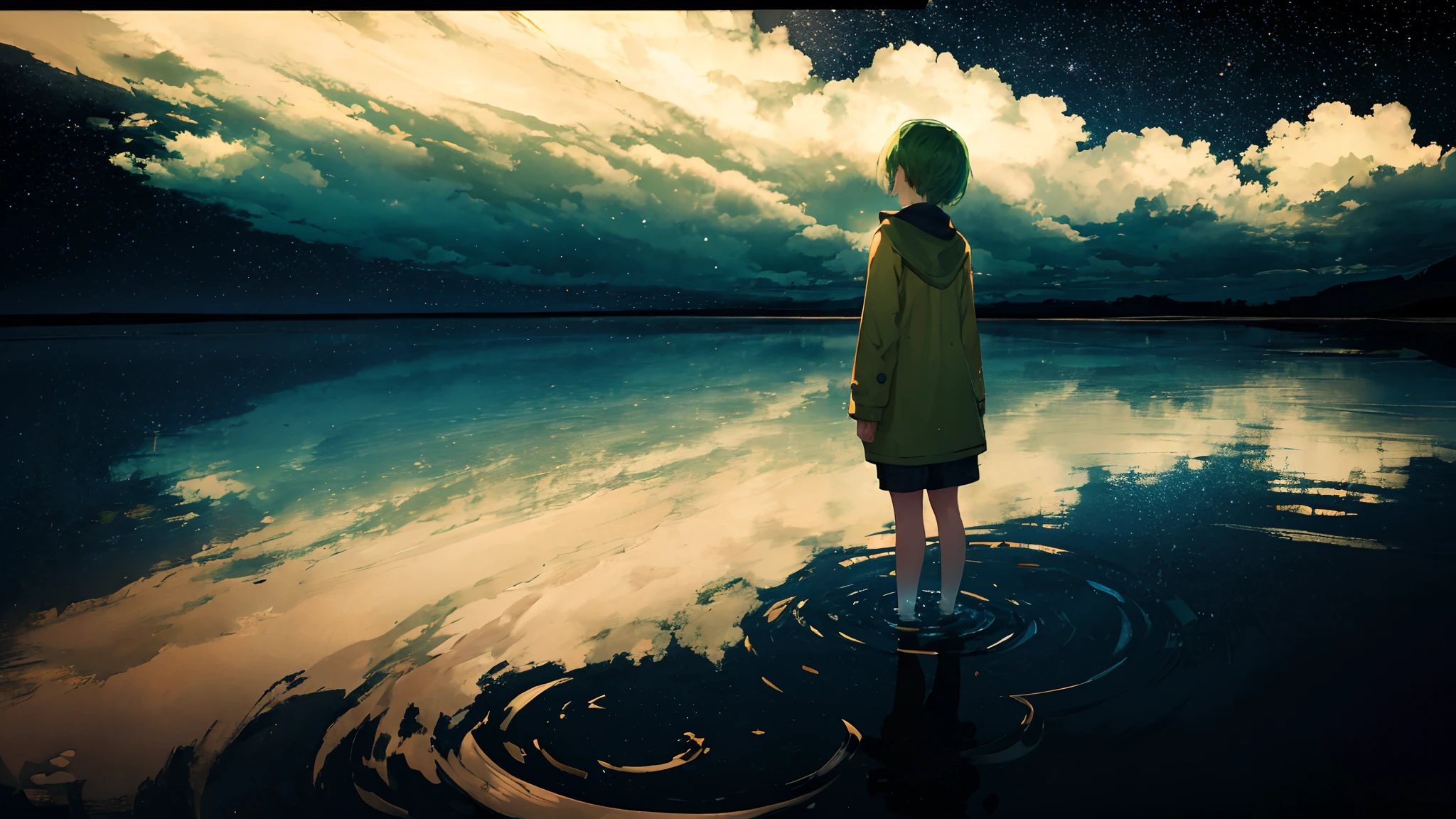 1girl, Light green hair short cut, standing water's surface, Buck, wide shot, perfect lighting, dynamic shot, reflection in the water, horizon, reflection, starry sky twinkling in the fullness of the sky, Lots of water bubbles floating around.