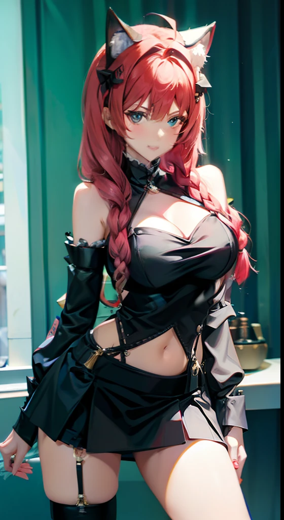 Anime girl, devil, sexy, big tits, red hair, purple eyes, big ass, enhanced, horns, wings, squat, corset