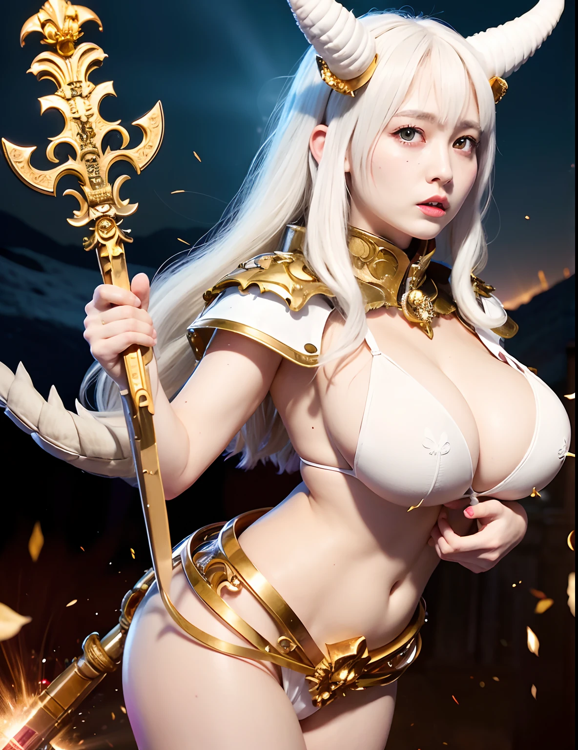 Professional , ​masterpiece、top-quality、photos realistic , depth of fields 、（White Jewel Body:1.９),(Matte White、（cleavage of the breast）、Jewel Gold Weapon、Particles of light、（White Jewel White Body:1.４),Gorgeous gold weapons ,（（ Dragon dense and gorgeous dragon sword）） , （demonic wings）   ,warhammer 40k 、（（White hair））、（Castle background）、（demonic wings）、（（Gangle's forest background））、Beautiful Caucasian beauty、１a person、dynamic ungle,(((Two devil's horns on the head)))、Smaller head、Idle Smile、Thin and beautiful female hands、cleavage of the breast、Mystical expression、Light Effects、intense fighting、Wind-effect、magic circles、With the legendary magic wand、Dragon's tail、