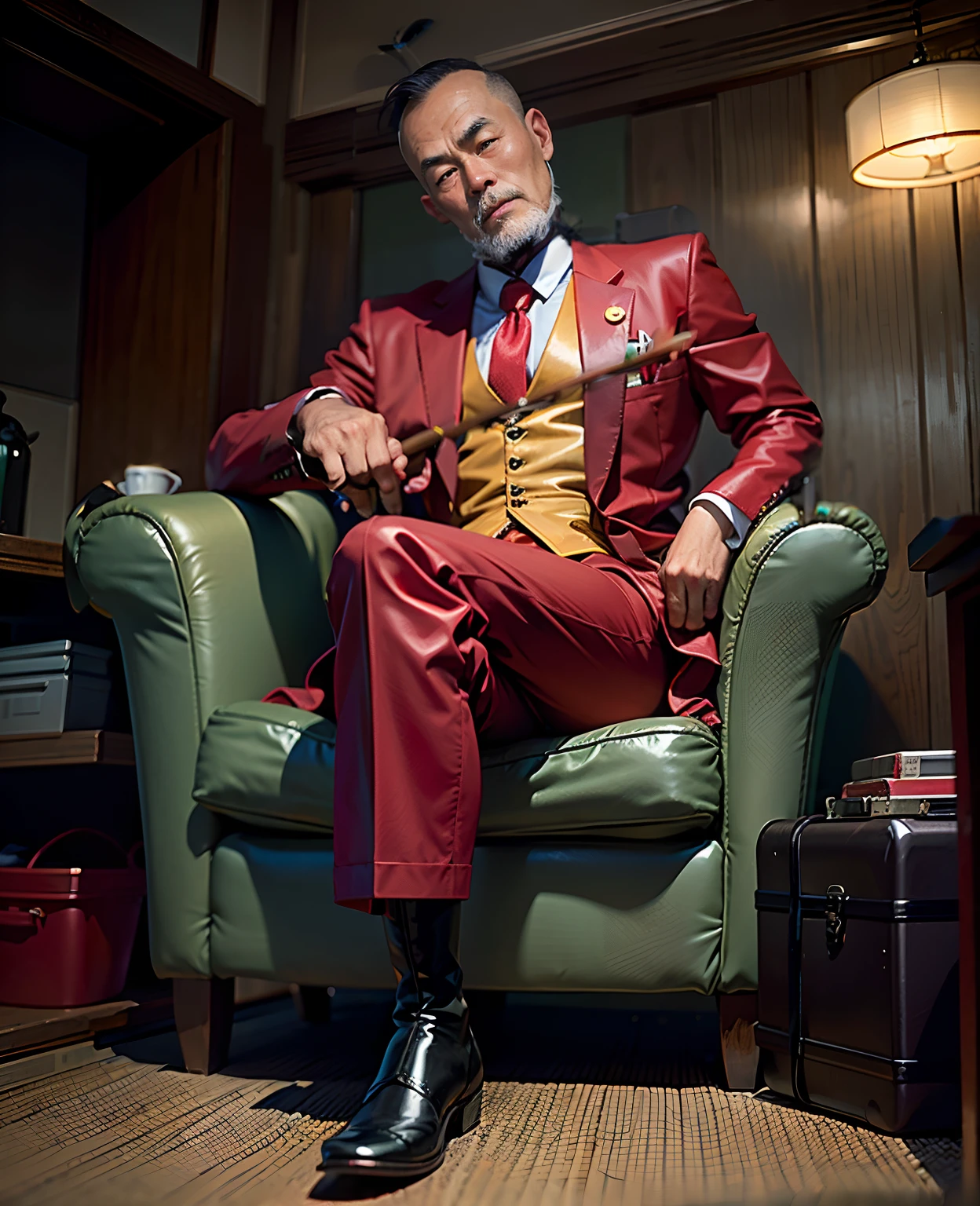 A 50-year-old middle-aged Chinese man sits in a chair, jpn, Chinese man, Red trousers, He wears a pair of red riding boots on his legs, Wearing a red suit, red necktie, Red back, Back head, Black color hair, largeeyes, With a whip in his hand, tom of finland style