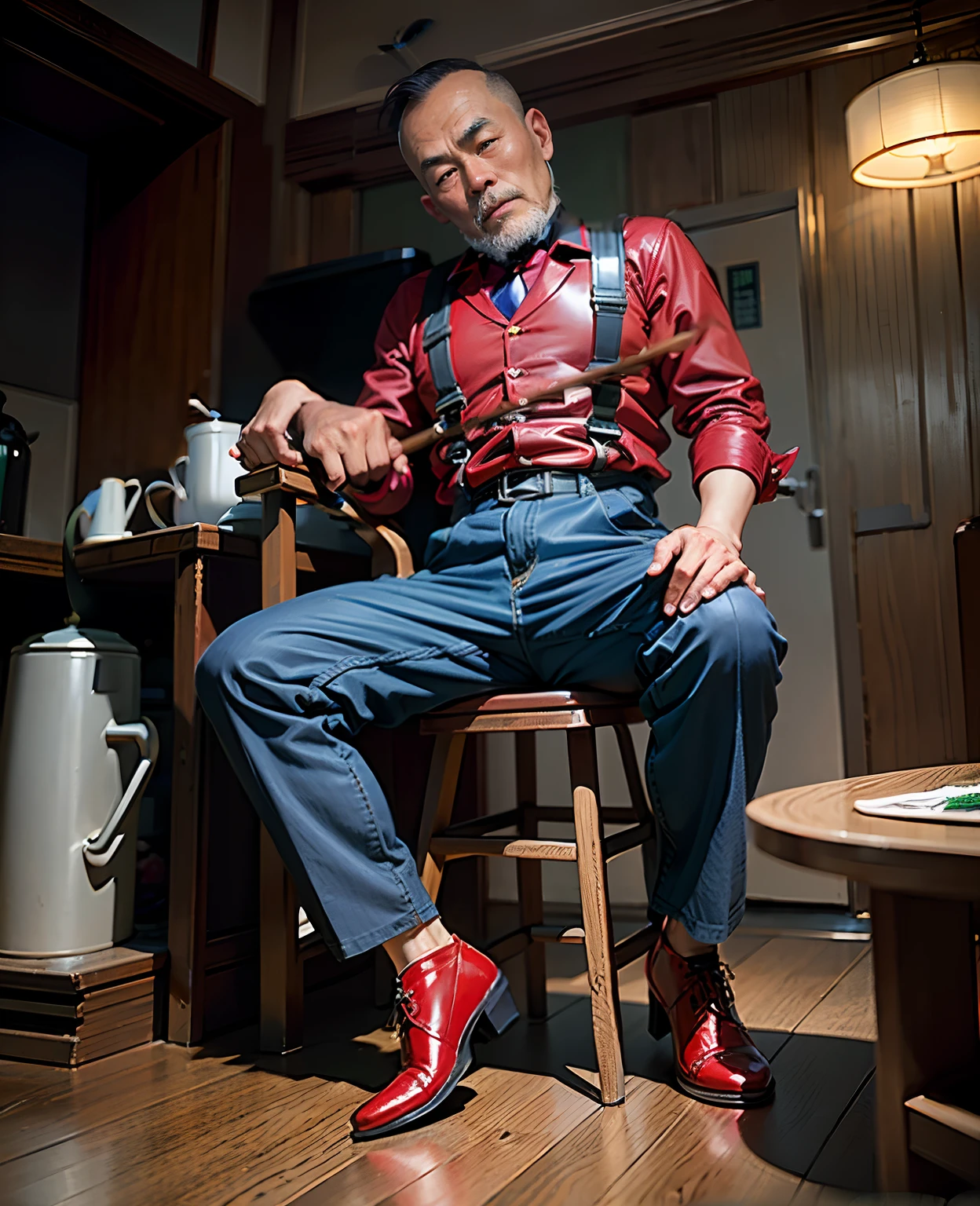 A 50-year-old middle-aged Chinese man sits in a chair, jpn, Chinese man, Red trousers, He wears a pair of red riding boots on his legs, Wearing a red suit, red necktie, Red back, Back head, Black color hair, largeeyes, With a whip in his hand, tom of finland style