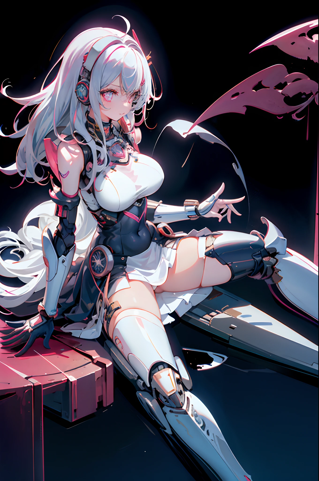 Goddess of complex armor,Glowing skin,Cuirass details,Blue and white hair,Arm tattoos,Bigboobs,8K resolution,1girll,the shy,cleavage,Mecha musume, mechanicalparts, robotjoints,Headgear,White stockings,a beauty girl,Bare chest,Lori huge breasts cleavage,Raised sexy,White stockings,blackstockings,Lie down,underdressing,tit,Vaginal thrust by,spread their legs,Full body photo,Facing the audience,arma,比基尼,hindquarters,Wings,1 rapariga, Chinese_clothes, Metallic black, Titanium and crimson, Cyberhanfu, on cheongsam, Cyberpunk-city, dynamicposes, Details illuminated headphones, luminous hair ornaments, long whitr hair, Luminous earrings,Glowing necklace,cyber punk perssonage, a high-tech city, full of machinery and futuristic element, afofuturism, technologies,luminous neon lights,red colour,Red light,Sexy skirts,Black cape,Laser light,Digital background city sky,large moon,There are vehicles,Best quality at best,tmasterpiece,8K,Character edge light,hyper-high detail,high qulity,The most beautiful woman in man,ssmile,The face is symmetrical to the left and right facing the front,Ear corner decoration,The long antenna emits light,beautiful pupil,Light effects,visual data,Silver-red-orange hair colored,Ultra-detailed facial texture,cheerfulness,Weapons systems,The streets are crowded with passers-by,in mecha style,Head-mounted light-emitting antenna,Deep eyes,White hair,cat ear,Pink eyes,Light blue ta,white panties,pink bows。