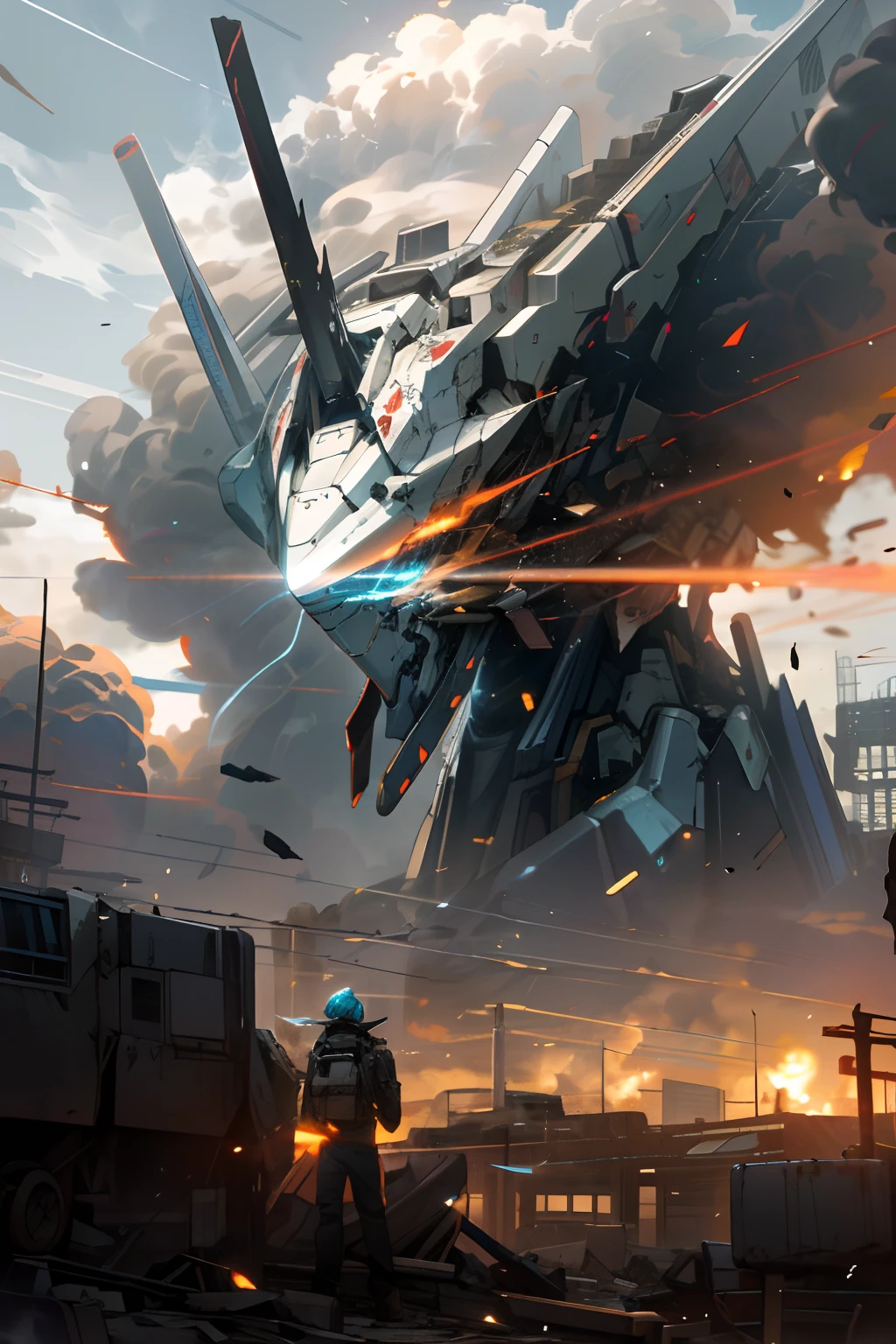 Skysky,clouds,Holding_arma,with light glowing,The wreckage of the robot,firey,smoke of gunpowder,buliding,collapse,Glowing_Eyes,Mecha,scientific fiction,The end of the world,城市,Realistis,Mecha