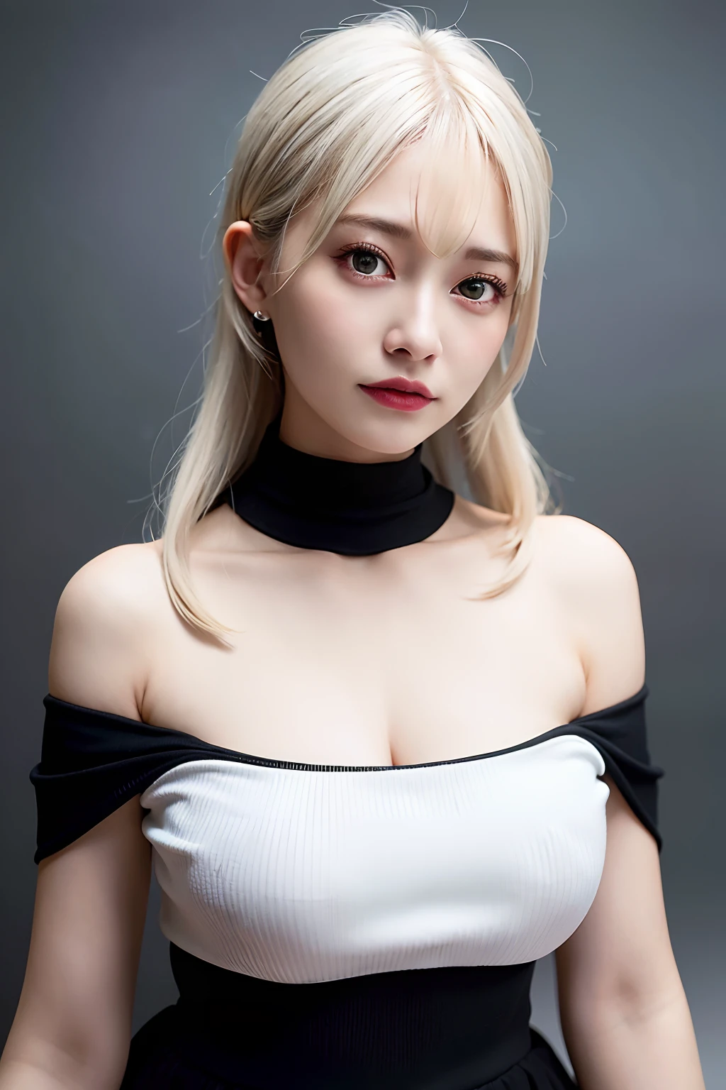 best quality, ultra high res, (photorealistic:1.4), 1girl, off-shoulder white shirt, black tight skirt, black choker, (faded ash gray hair:1), (huge breasts:1.2), looking at viewer, closeup ,