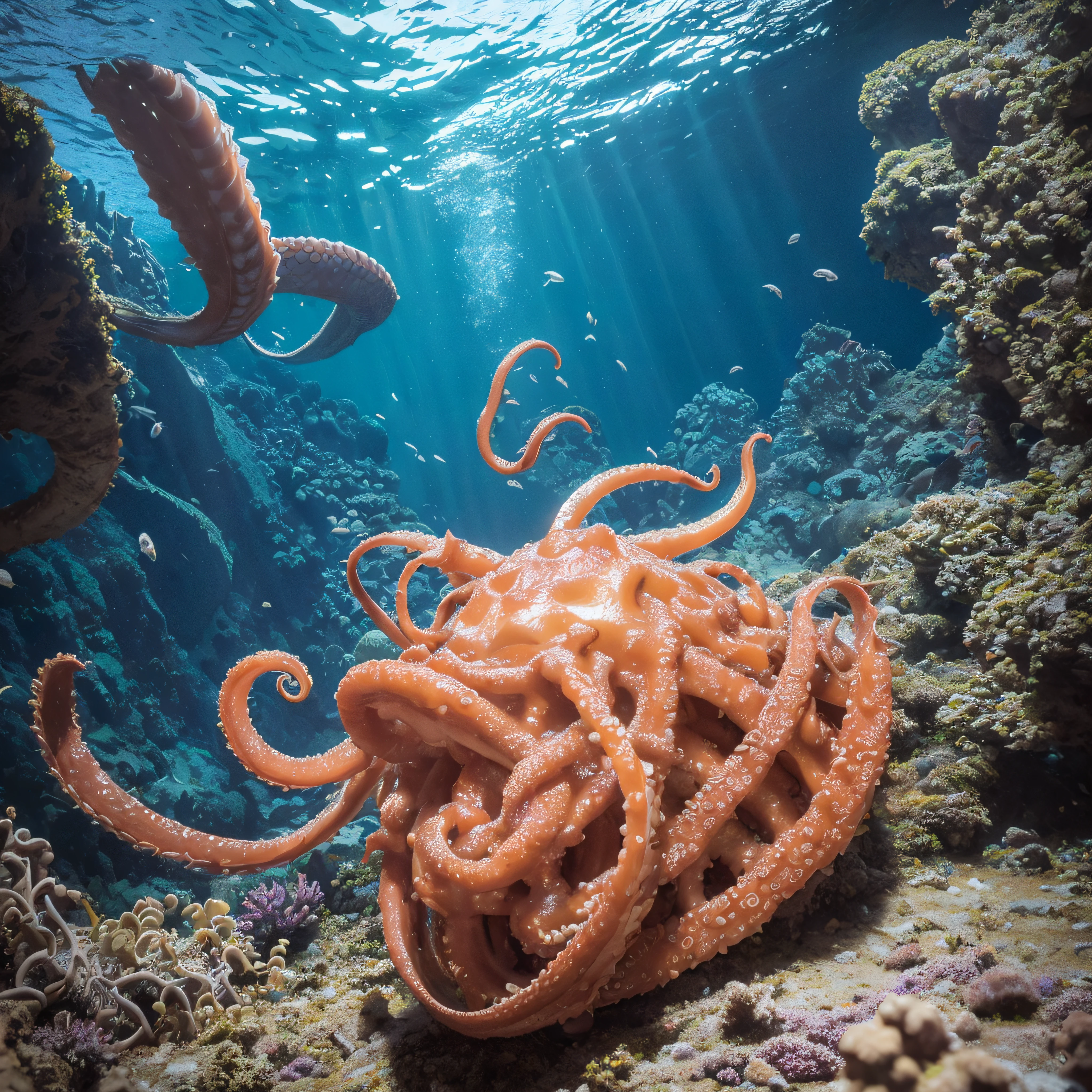 (extremadamente detallado, obra maestra, La mejor calidad, Under the Ocean), Estilo oscuro, volumetric illumination. cangrejo gritando, lengua larga, tentacle, deforme, imagen submarina vista desde el exterior, pico de pulpo amenazante. manchas de tinta. Rococo composition. Luz de caravaggio