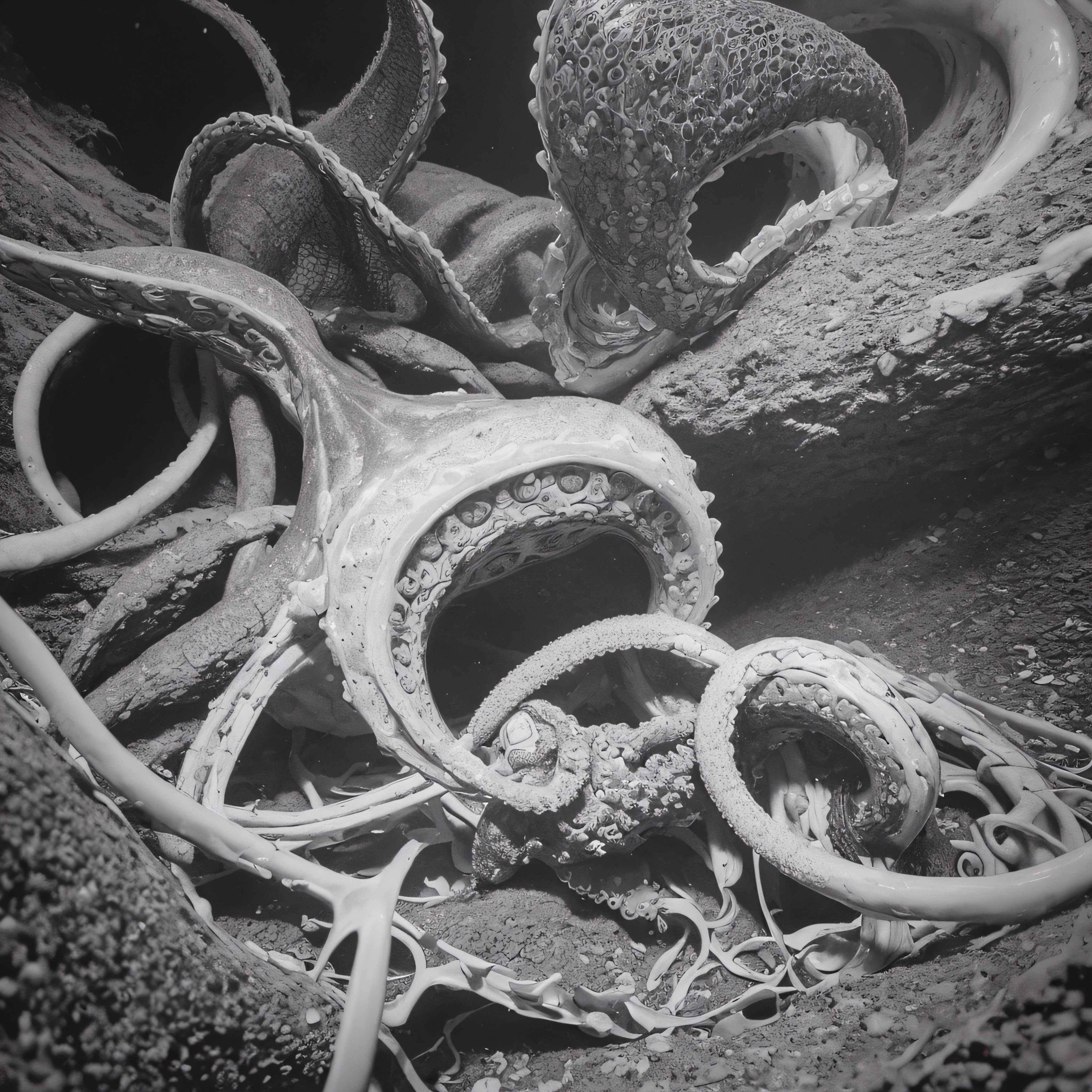 (extremadamente detallado, obra maestra, La mejor calidad, Under the Ocean), Estilo oscuro, volumetric illumination. cangrejo gritando, lengua larga, tentacle, deforme, imagen submarina vista desde el exterior, pico de pulpo amenazante. manchas de tinta. Rococo composition. Luz de caravaggio