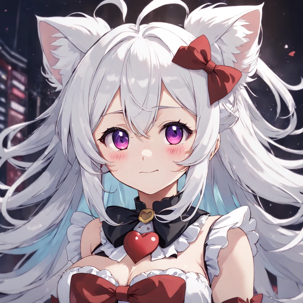 white hair, crossed bangs, big hair, hairclip, hair bow, maid headdress, heart-shaped pupils, wince, cat ears, grin, anime style, masterpiece, best quality, anatomically correct