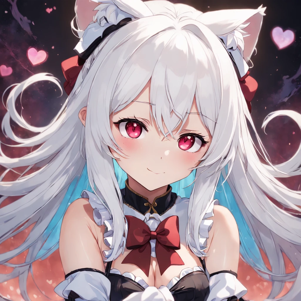 Highly detailed face,fine grain,Sparkling eyes,Highlighted eyes,Medium chest,pretty girl, smile,Longing eyes,Cat ear, Beautiful silver hair,Pink inside,Beautiful pink eyes, magic, frills,dress,ribbon