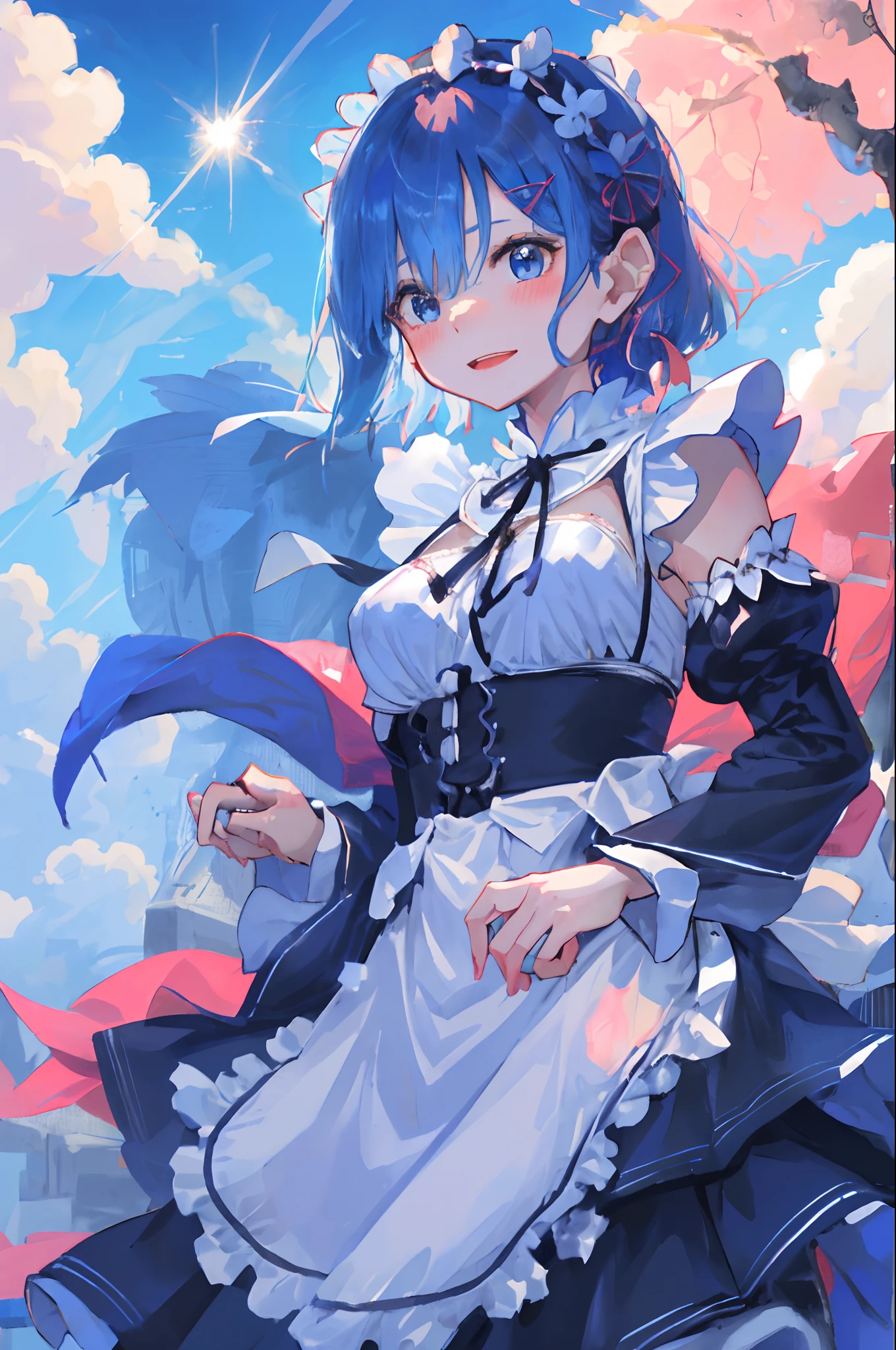 blue hairs、Remu\(Re:Staynight\), [A smile], red blush,, ​masterpiece, top-quality,, 1girl in, skirt by the, middlebreasts,Arms spread、Lovely Backgrounds、(maid clothes:1.35)、nigh sky、comets、stele々、Dancing glitter