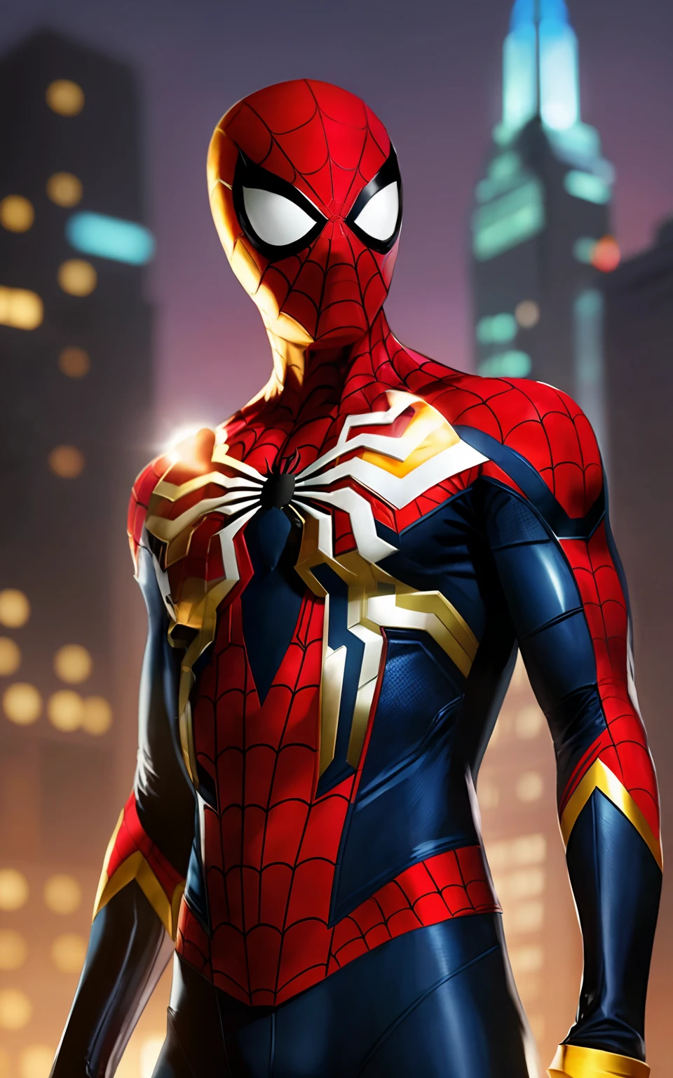 Spider - Homem de terno fica em frente a um horizonte da cidade, hero pose colorful city lighting, Retrato do Homem-Aranha, Aranha altamente detalhada - Man, papel de parede 4k, papel de parede 4K, hq 4k papel de parede, Estilo futurista Homem-Aranha, Pedro Parker, Homem-Aranha, aranha - homem, super detailed rendering, paper awesome wallpaper, foto de retrato, Peter Parker como Homem-Aranha