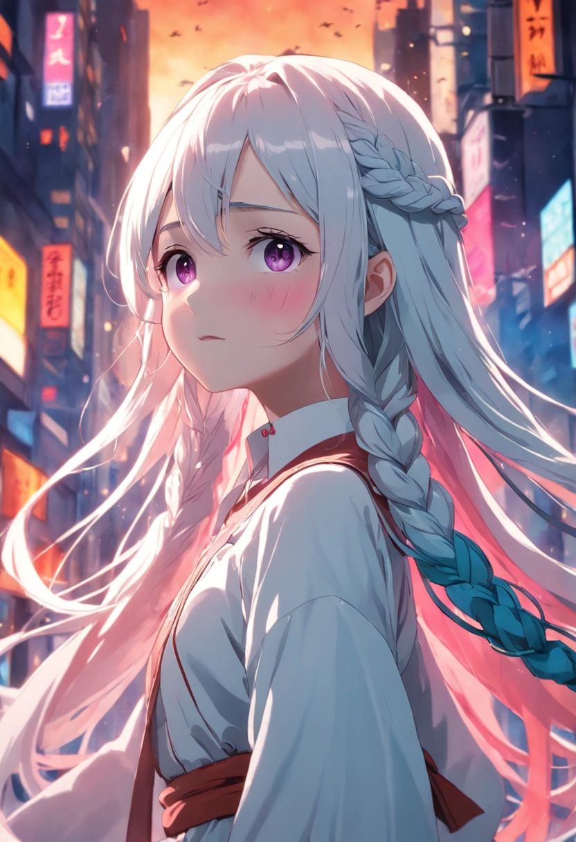 Colorful clothes，white skinned，Long braids，The color hair，Colored eyes，Gradient hair，Delicate face，Delicate light and shadow