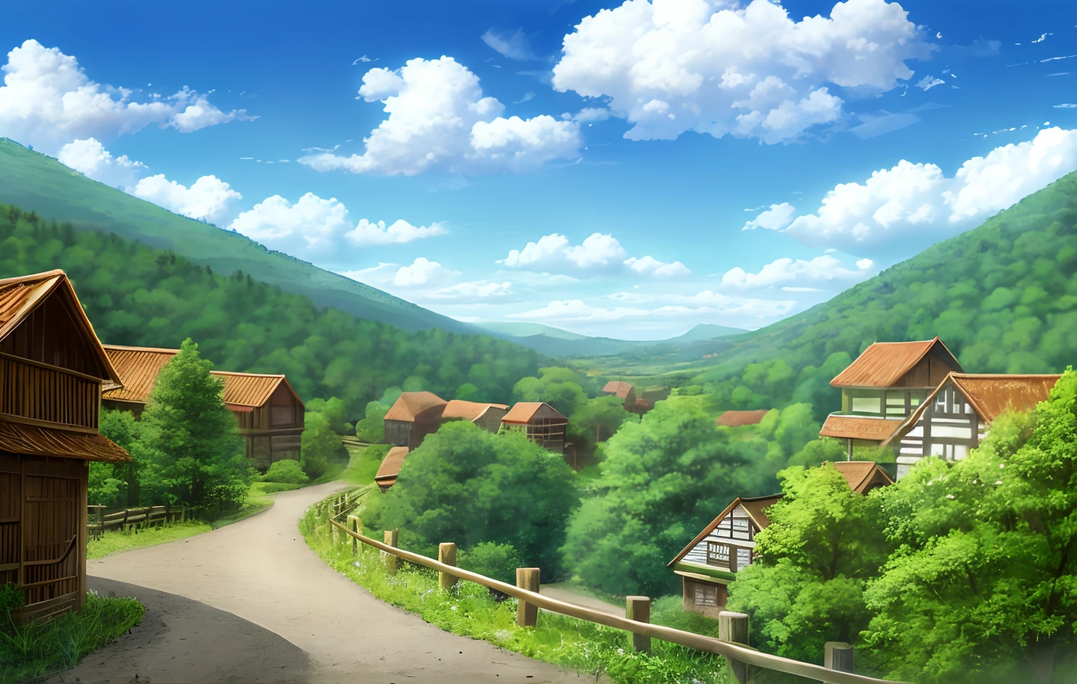 scenery, forest, village, well, sky, clouds