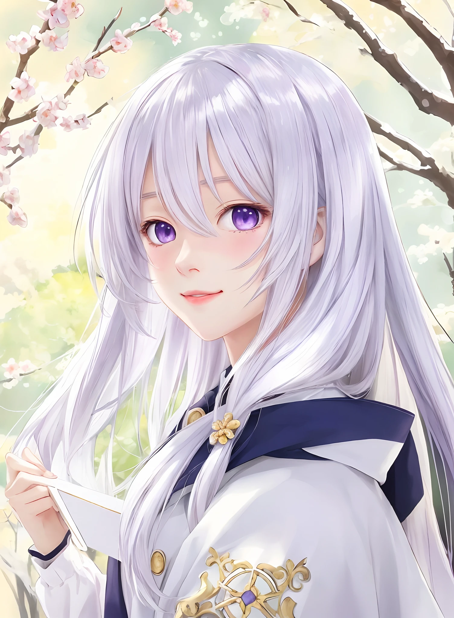 Holding a book, clean detailed anime art, anime moe art style, perfect white hair girl, white hair girl, cute girl with anime visuals, masterpiece, best quality, 1 girl, elaina, whiter_style_costume, daily_costume, purple eyes, long hair, white shirt, white coat, purple eyes, bangs, hair between the eyes, light blush, smile, brooch, plum blossom, dull hair