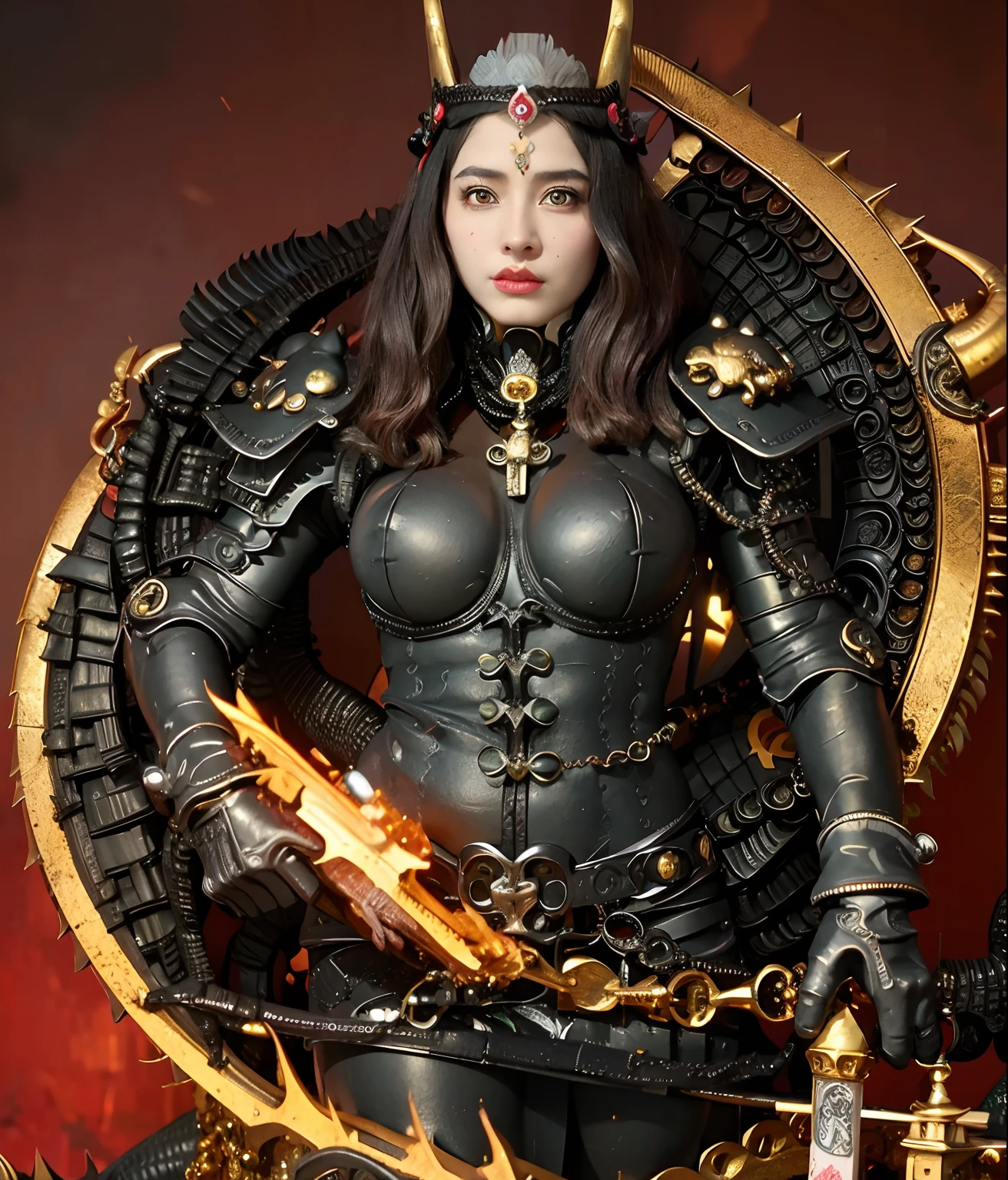 (masutepiece), Professional , masterpiece、top-quality、photos realistic , depth of fields (Dragon Black Metal Body:1.9),(Matte Black、(cleavage of the breast)、(fierce look)、Dragon Gold Weapon、(bikini-armor),Gorgeous gold weapons ,(( Dragon's dense and gorgeous sword)) , Beautiful knife ,warhammer 40k , adepta sororitas,Detail and gorgeous crown、((Red hair))、(Castle background)、The dragon、((Gangle's forest background))、Beautiful Caucasian beauty、(1a person)、dynamic ungle,(((Detailed and ornate Black Devil Crown)))、Smaller head、Strange smile、Castle background、Thin and beautiful female hands、cleavage of the breast、Soldier in iron armor on background、Mystical expression、Light Effects、intense fighting、Wind-effect、magic circles、With the legendary magic wand、(demonic wings)、