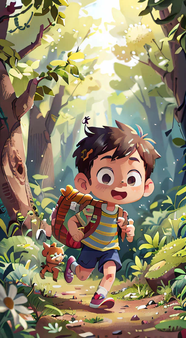 (SFW), a running boy, spring outing, happy, carrying a backpack, that kind of car toy in hand, background is forest, perfect quality, clear focus, colorful, perfect face, intricate details, ultra-low viewing angle, wide angle lens
