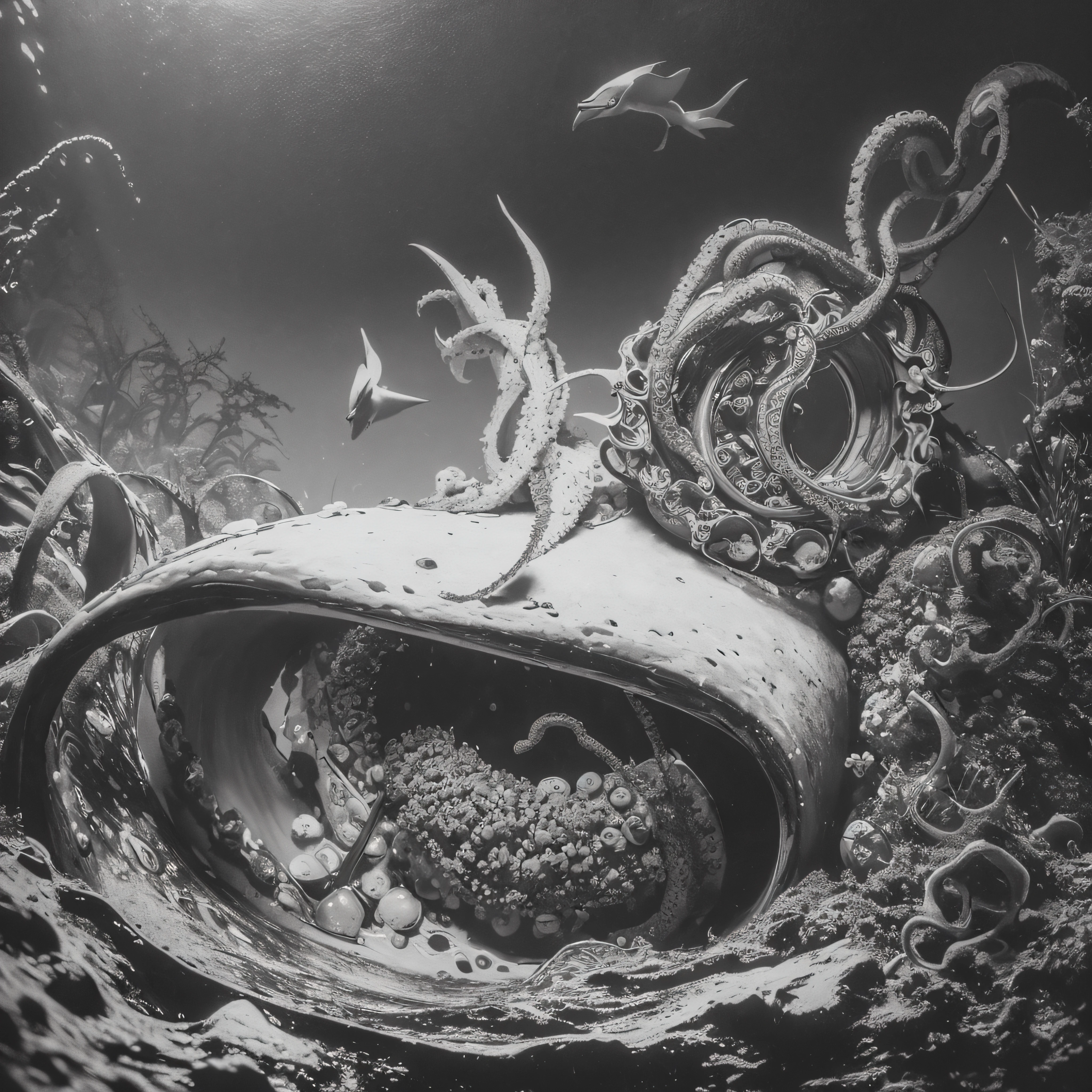 (extremadamente detallado, obra maestra, La mejor calidad, Under the Ocean), Estilo oscuro, volumetric illumination. cangrejo gritando, lengua larga, tentacle, deforme, imagen submarina vista desde el exterior, pico de pulpo amenazante. manchas de tinta. Rococo composition. Luz de caravaggio