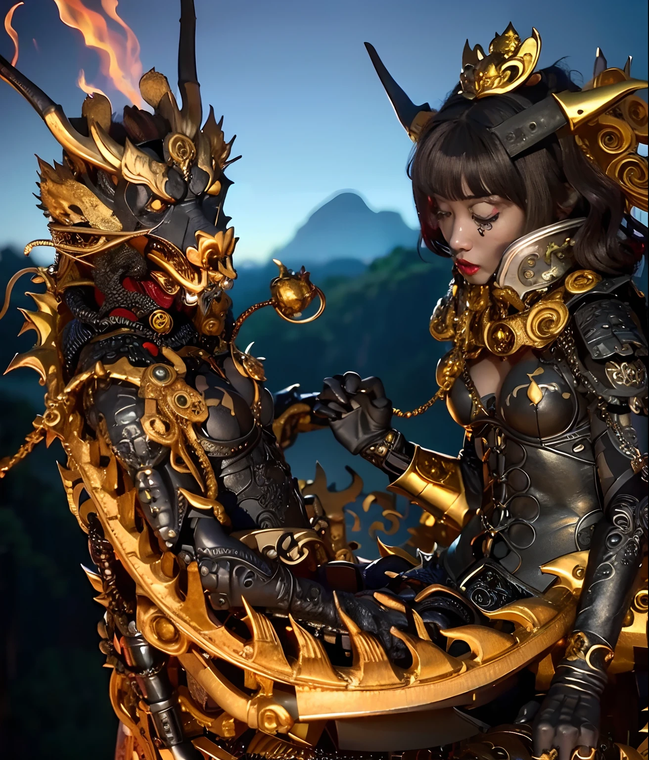 Professional , masterpiece、top-quality、photos realistic , depth of fields (Gemstone Black Metal Body:1.9),(Enamel Black、(cleavage of the breast)、(Chinese Dragon)、Dragon Gold Weapon(Dragon Metal Body:1.4),Gorgeous gold weapons ,(( Dragon's dense and gorgeous sword)) , 、blood splashing、 ,warhammer 40k , adepta sororitas,Detail and gorgeous crown、((Brown hair))、(The dragon)、(Castle background)、The dragon、((Gangle's forest background))、Beautiful Caucasian beauty、(1a person)、dynamic ungle,(((Detailed and ornate Black Devil Crown)))、Smaller head、A smile、Castle background、Thin and beautiful female hands、cleavage of the breast、Mystical expression、Light Effects、Wind-effect、magic circles、With the legendary magic wand、(demonic wings)、Toostock、Look at viewers、