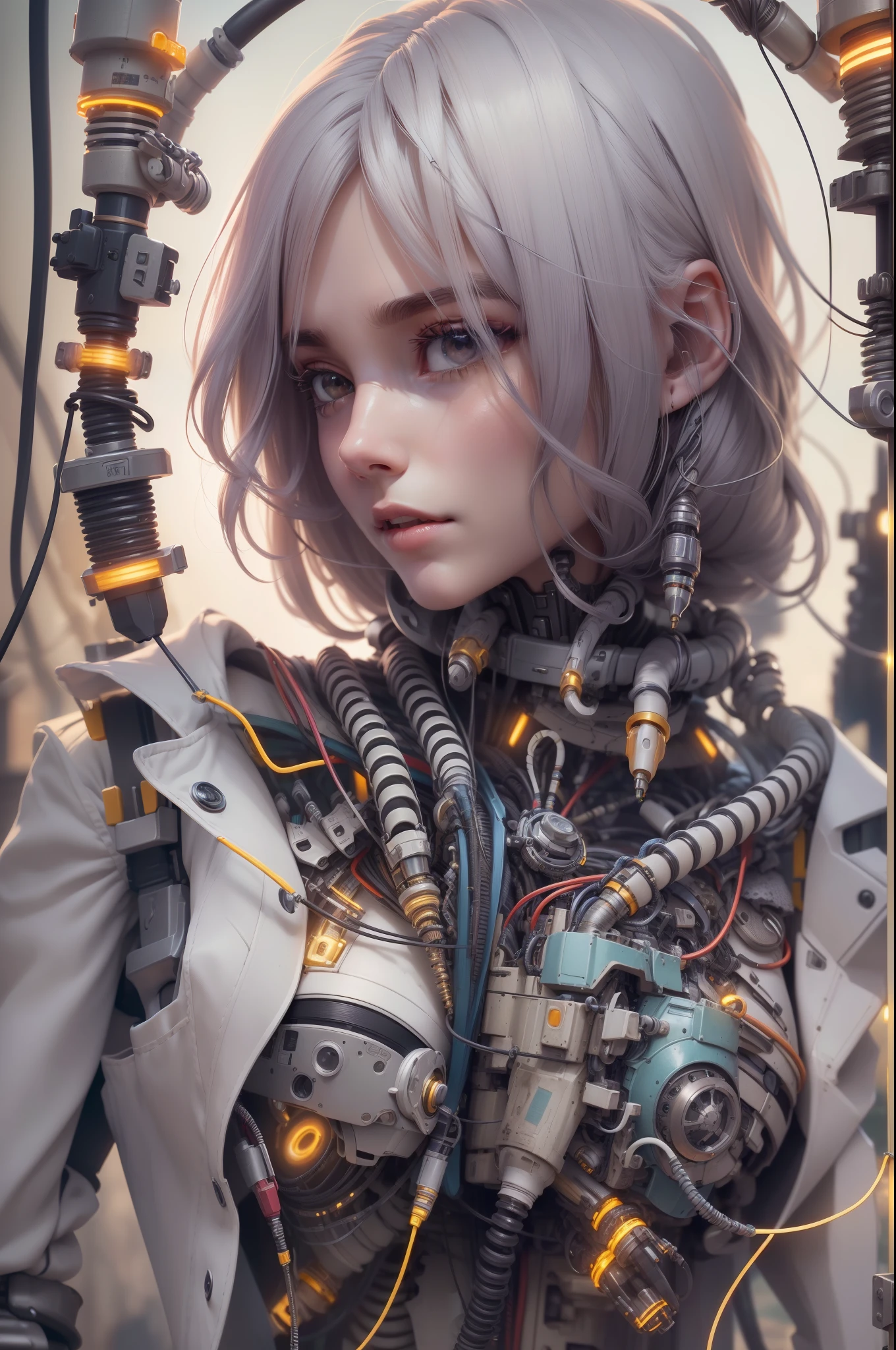 (((Perfect Face)))((cowboy shot)), (((masterpiece))), (((best quality))), ((ultra-detailed)), (highly detailed CG illustration), ((an extremely delicate and beautiful)),((Chest covered)), cinematic light,(((1mechanical girl))),solo,((upper torso hanging by wires)),((Hanging by wires and tubes)), (machine made joints:1.2),((machanical limbs)),(blood vessels connected to tubes),(mechanical vertebra attaching to back),((mechanical cervial attaching to neck)),(sitting),expressionless, (chest covered), (wires and cables attaching to neck:1.2),(wires and cables on head:1.2),(character focus),science fiction, extreme detailed, colorful, highest detailed