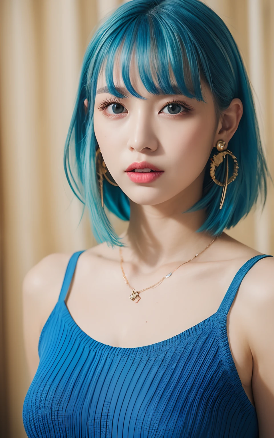 Highly detailed CG Unity 8k wallpapers、top-quality、ultra-detailliert、​masterpiece、realisitic、Photo Real、extremely detailed cute girl、25-years old、((lightblue hair:1.4))、((Dyed light blue hair、Big piercings、a necklace、Floral hair ornament、Floral decorations on clothes))、(gals)、roundly eyes、viewer、red blush、cparted lips、Semi-body shot、
sleeveless sweater、cafes、
