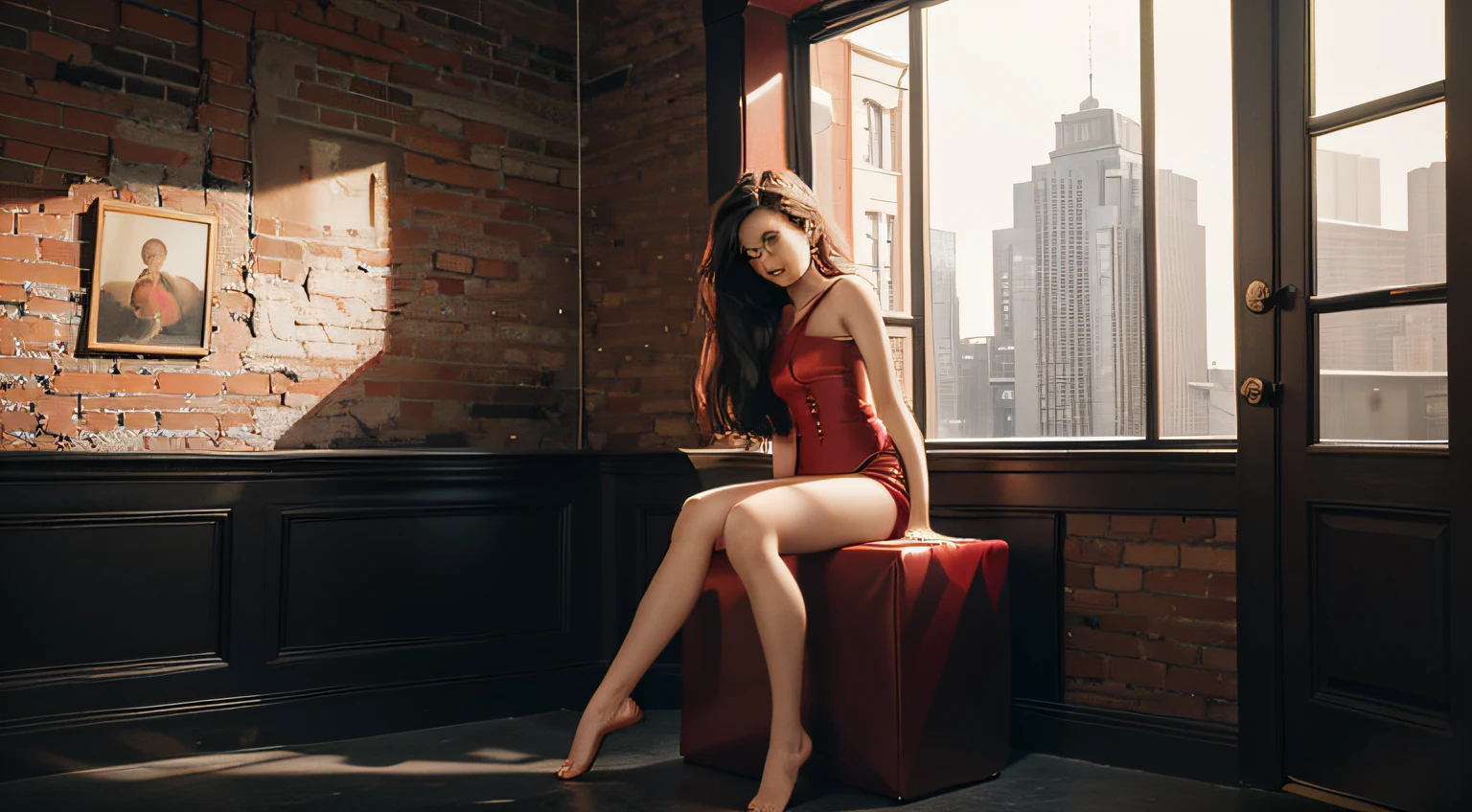 best qualtiy，Masterpieces，Ultra-high RES，（Fidelity：1.4），Original photo，1Blittle red girl,for 18 years old，cropped shoulders，cinmatic lighting ,((naked)),((full body))((with black stockings))((with two perfect legs))
