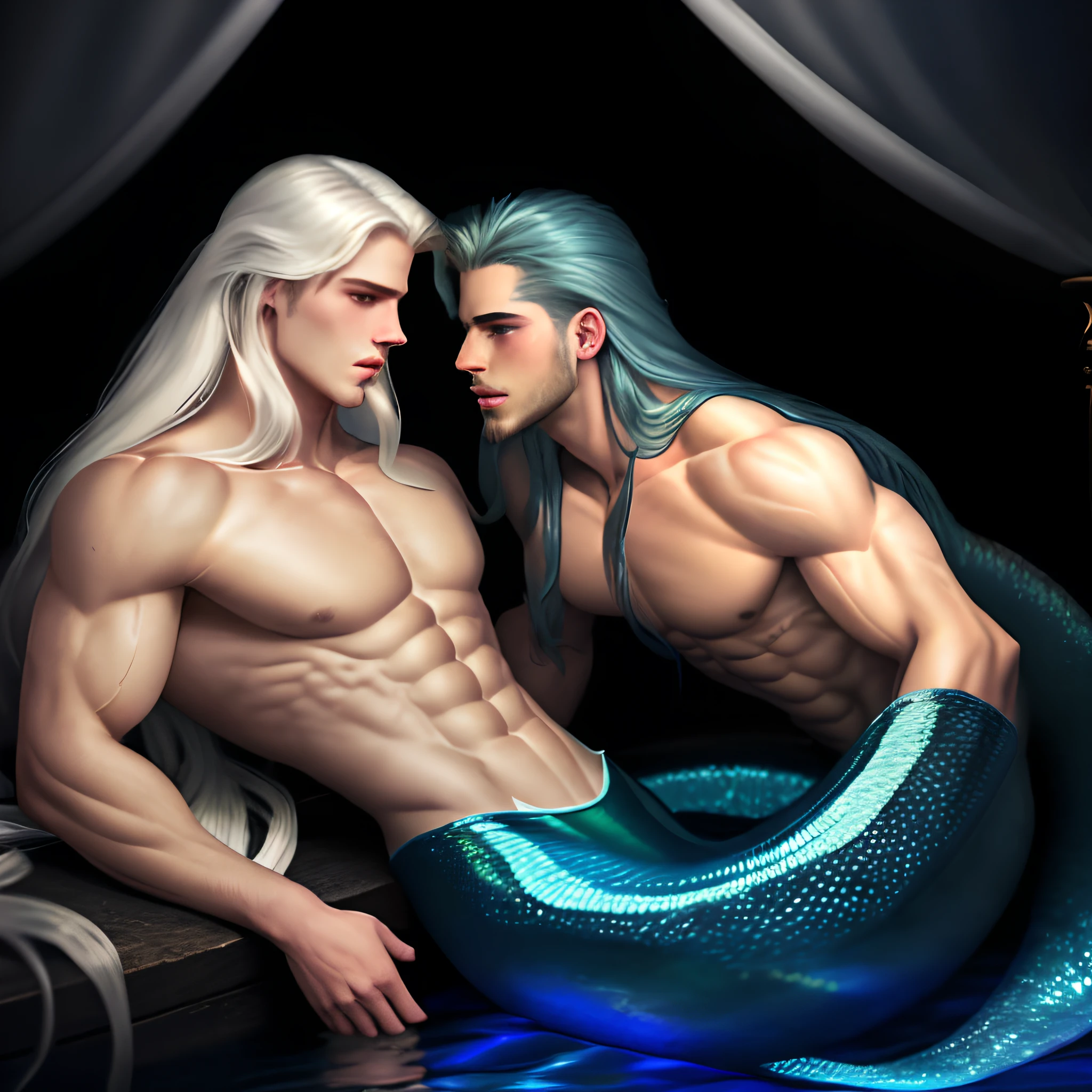 Two erotic-looking male mermaids,long whitr hair,Soft pectoral muscles,Flushed complexion,,Intense sex,Sex action,Male mermaid,Gay men,Sex action,The genitals are stiff and straight