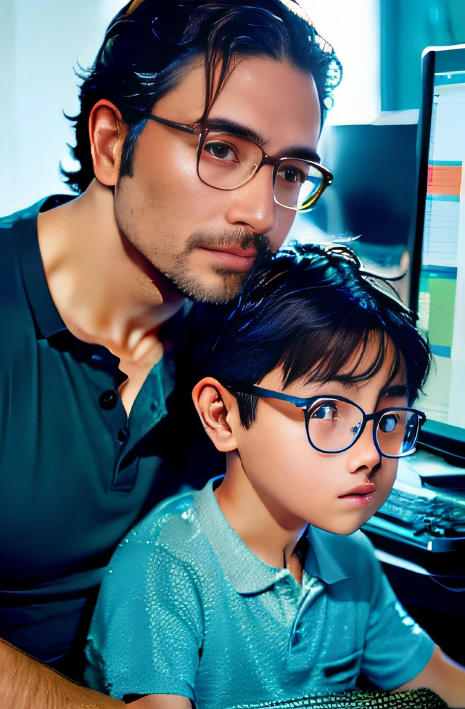 40-year-old man，wears glasses，short detailed hair，Dark blue polo shirt，Sit next to the computer；Next to the man was a -yeld bohort hair for boys，blue clothes