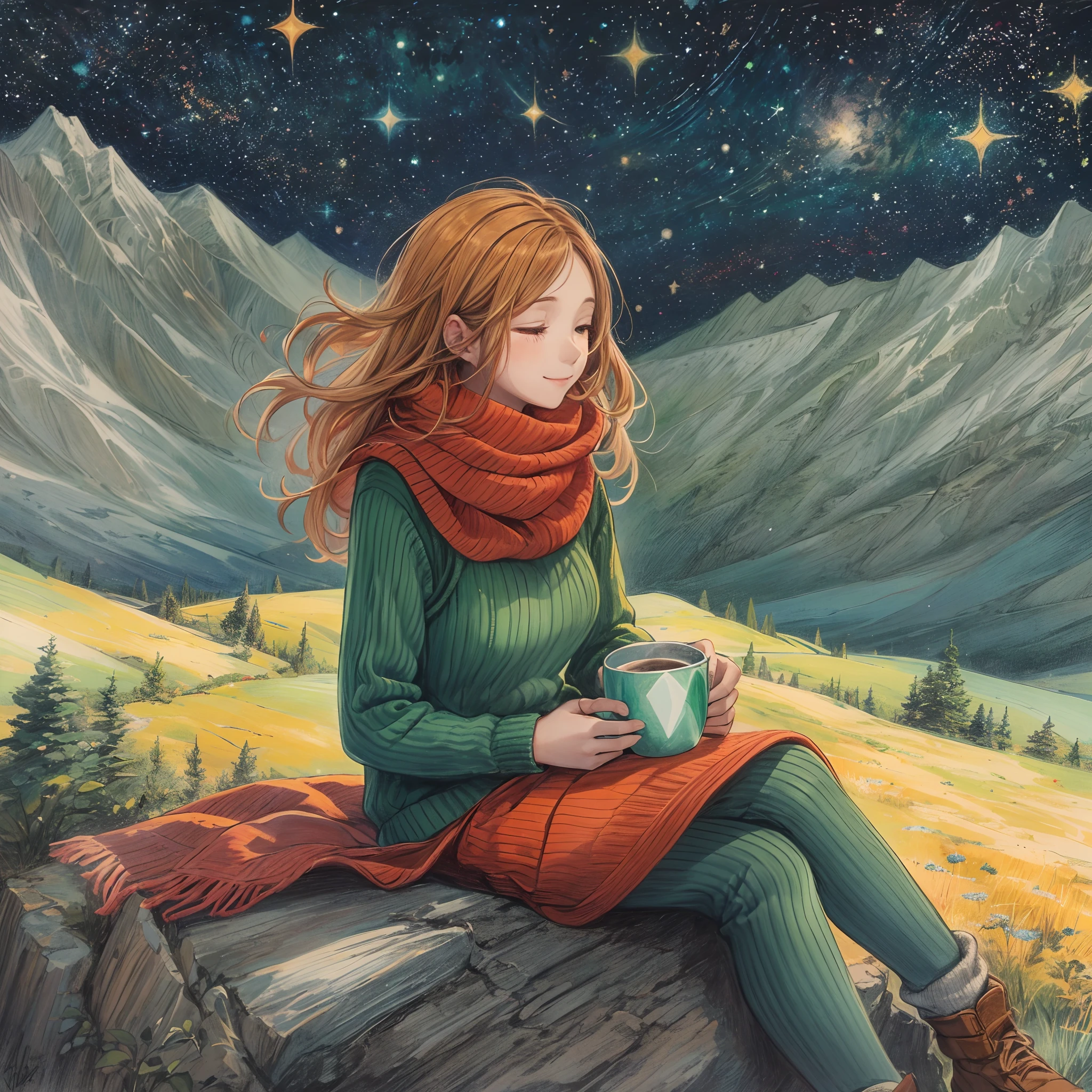 (best quality, masterpiece:1.2),
A girl is sitting on a hill in the mountains, gazing at the stars. She is alone, but not lonely. She feels a connection with the vast universe above her. She is wearing a warm sweater and a scarf, and holding a cup of hot chocolate in her hands. She has a sketchbook and some colored pencils next to her, but she is too mesmerized by the night sky to draw anything. She wonders what lies beyond the stars, and what her place is in this world. She smiles and closes her eyes, feeling a sense of peace and wonder.
(This drawing is a four-color (red, green, blue, and yellow) pencil drawing with),