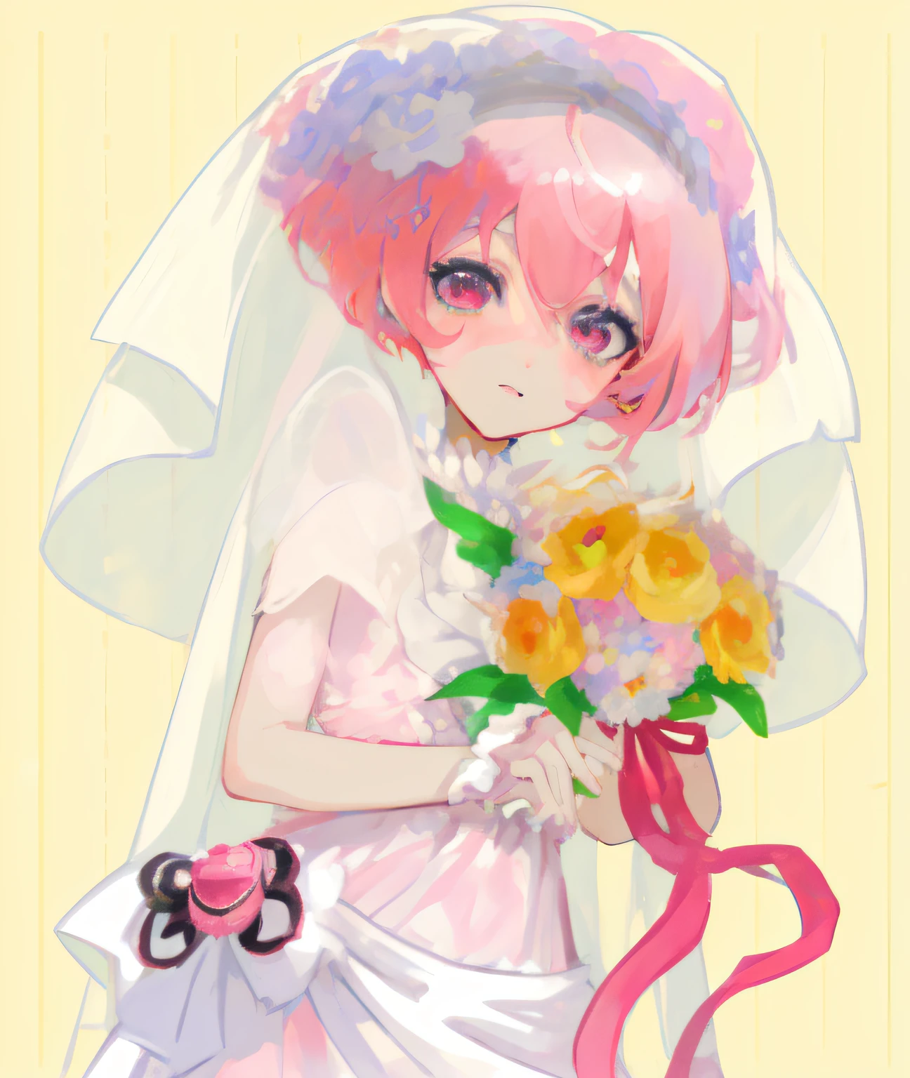 Anime bride with pink hair and veil holding a bouquet of flowers, meu vestido queridinho anime, lolish, casamento, noiva, !!retrato de corpo inteiro!!, Sayori, Kemono, Estilo Pixiv, 8k!!, Vencedor do concurso Pixiv, Pixiv, anime moe artstyle, Melhor Avaliado em Pixiv